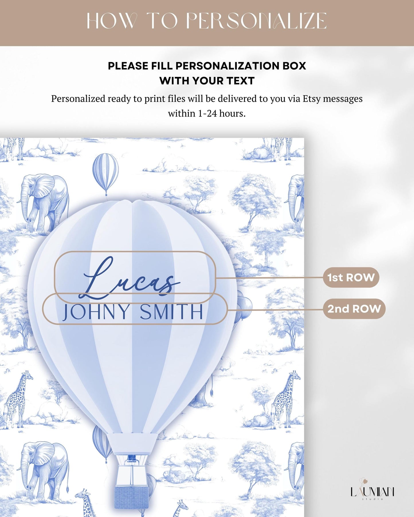 Custom Safari Birthday Party Arch Backdrop Hot Air Balloon Decoration Toile 1st Birthday Decor Blue Toile de Jouy Party Decoration with Name - LAUMIANstudio