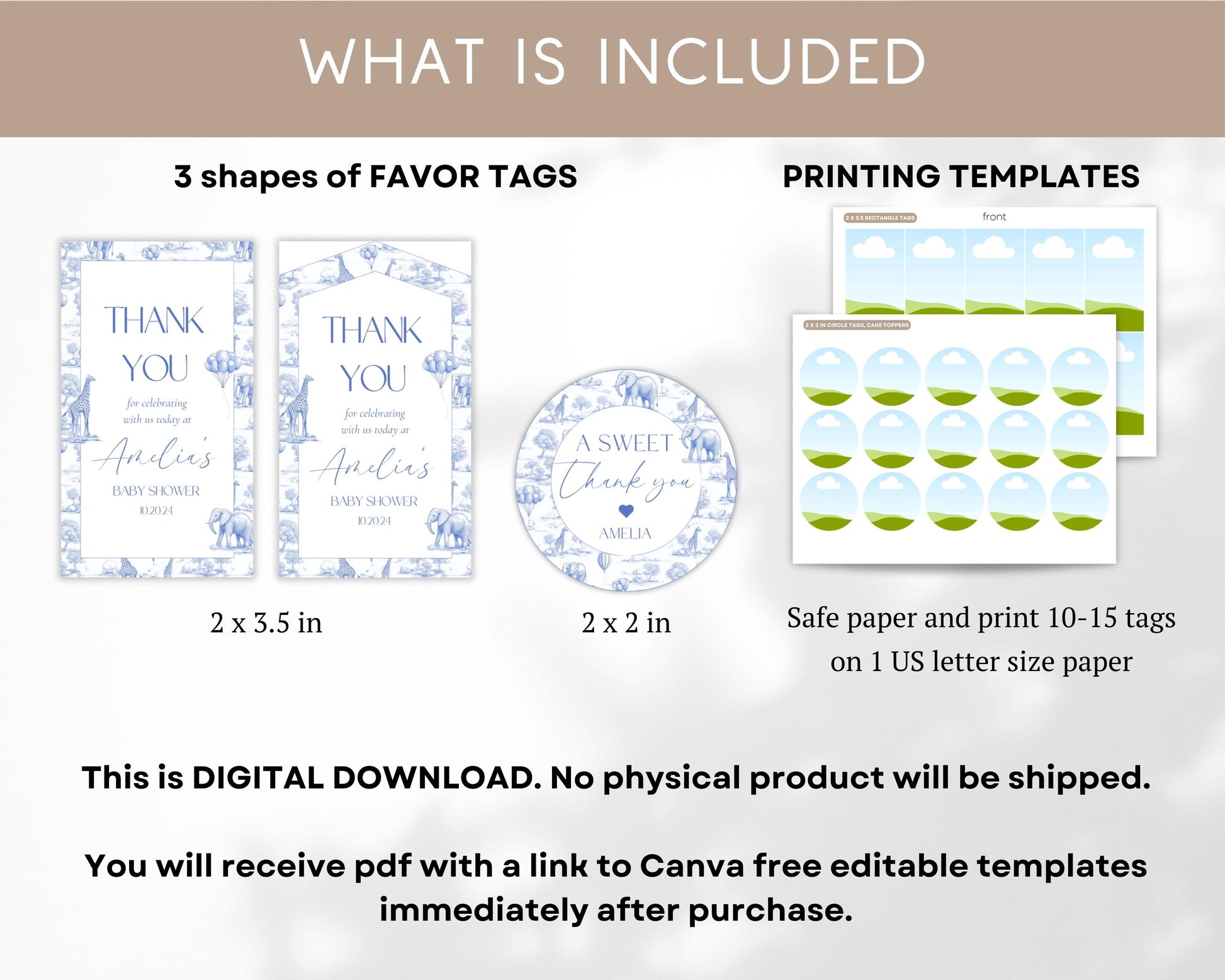 Blue Toile Safari Favor Tag Baby Shower Circle Favor Tag Editable Template Rectangle Chinoiserie Favor Tag Printable Shower Party Gift Tag - LAUMIANstudio