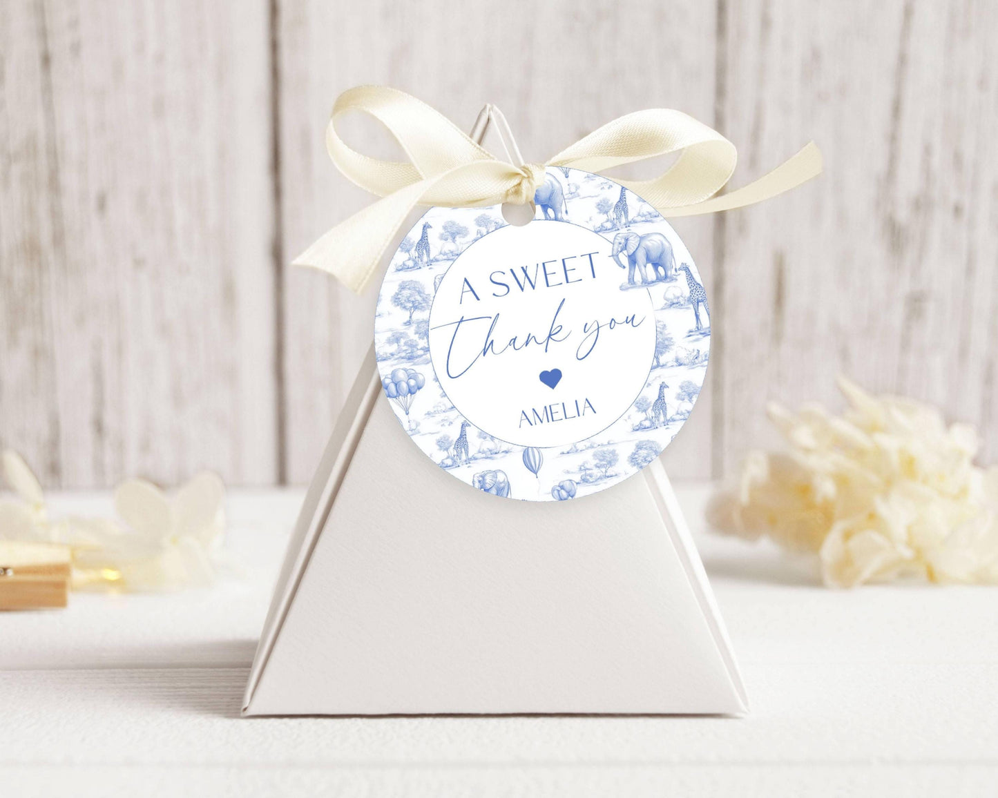 Blue Toile Safari Favor Tag Baby Shower Circle Favor Tag Editable Template Rectangle Chinoiserie Favor Tag Printable Shower Party Gift Tag - LAUMIANstudio