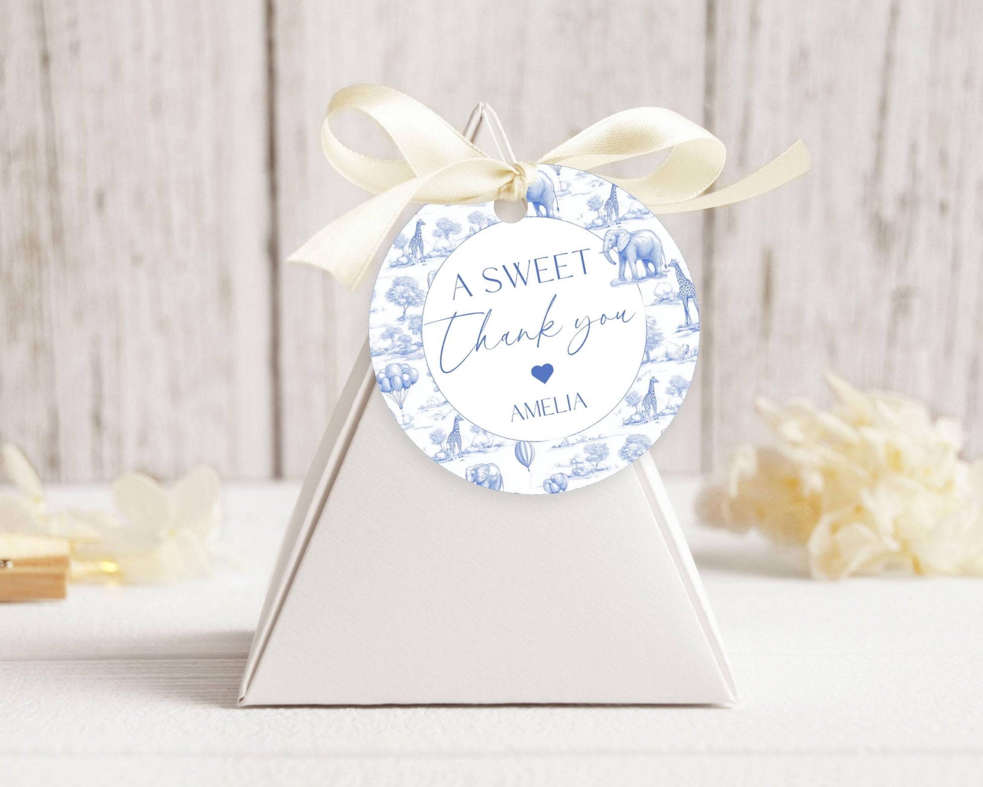 Baby Shower Favor Tag Printable Canva Template Blue Toile Baby Shower Favor Tag Circle Safari Baby Shower Thank You Label Minimalist Tag - LAUMIANstudio