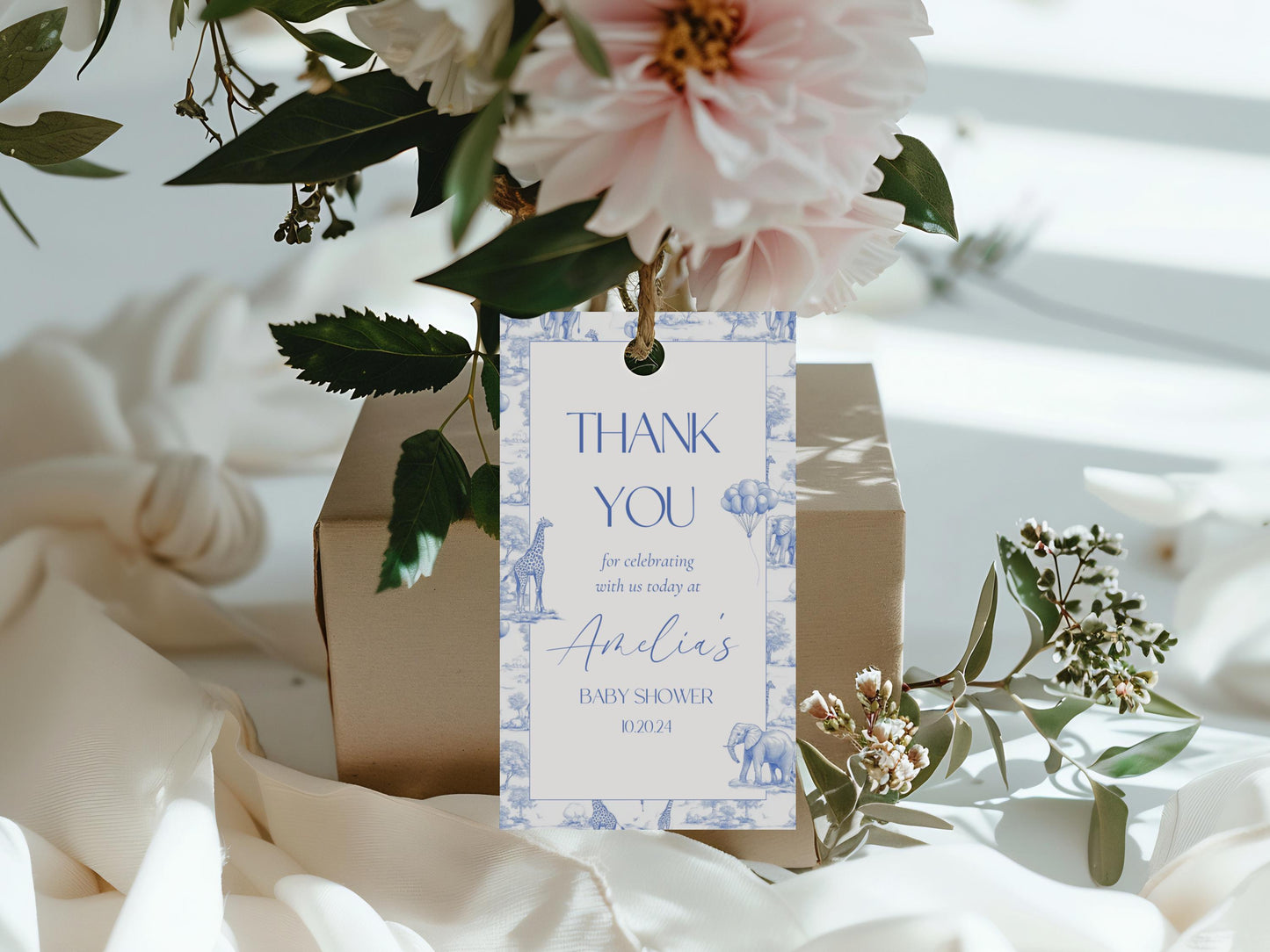 Baby Shower Favor Tag Printable Canva Template Blue Toile Baby Shower Favor Tag Circle Safari Baby Shower Thank You Label Minimalist Tag - LAUMIANstudio