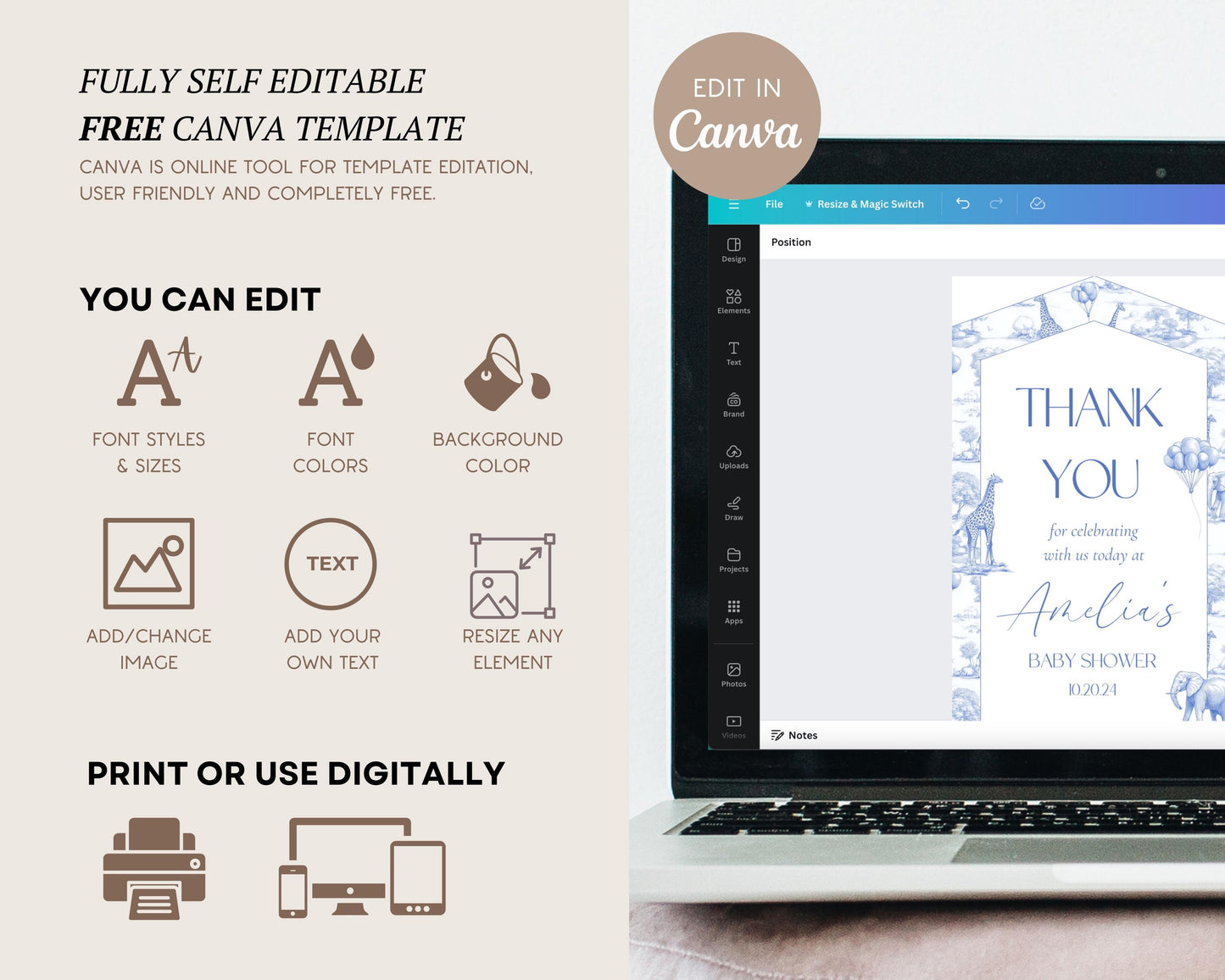 Baby Shower Favor Tag Printable Canva Template Blue Toile Baby Shower Favor Tag Circle Safari Baby Shower Thank You Label Minimalist Tag - LAUMIANstudio