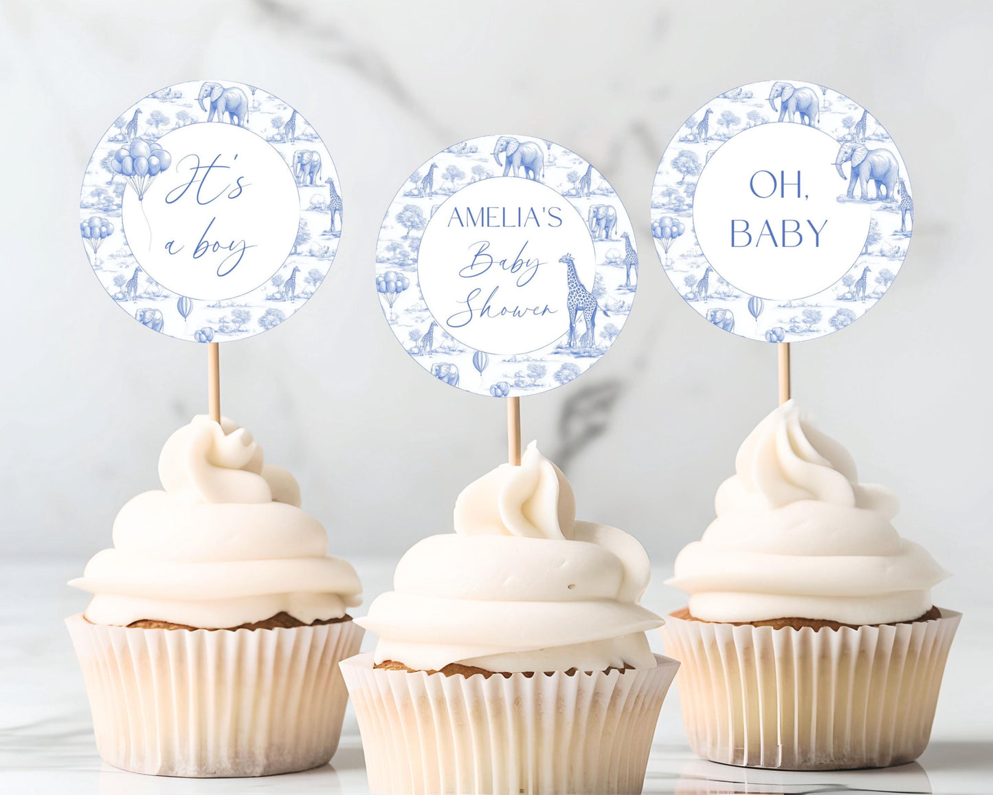 Blue Toile Baby Shower Cupcake Topper Printable Template Blue Toile Cake Dessert Decor Oh Boy Cupcake Editable Oh Boy Decoration Blue Shower - LAUMIANstudio