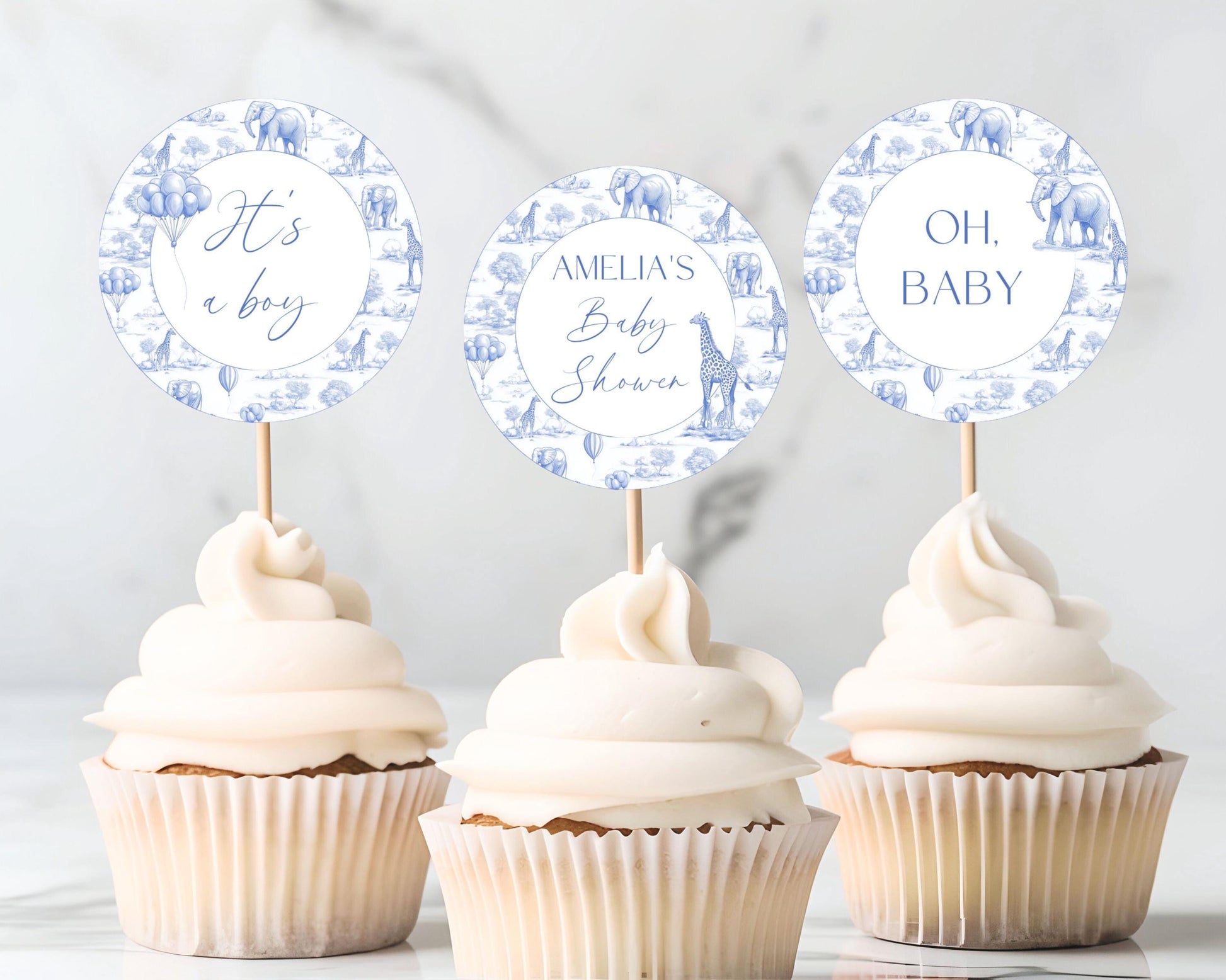 Blue Toile Baby Shower Cupcake Topper Printable Template Blue Toile Cake Dessert Decor Oh Boy Cupcake Editable Oh Boy Decoration Blue Shower - LAUMIANstudio