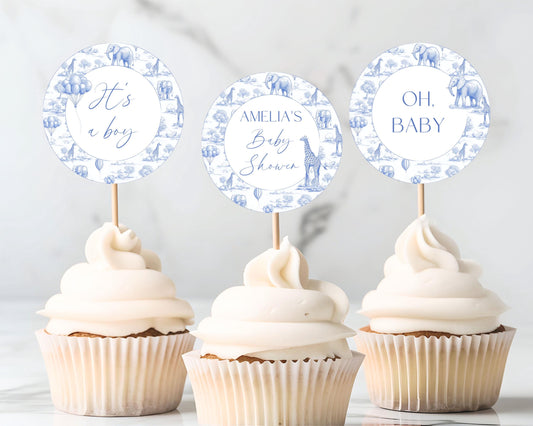 Blue Toile Baby Shower Cupcake Topper Printable Template Blue Toile Cake Dessert Decor Oh Boy Cupcake Editable Oh Boy Decoration Blue Shower - LAUMIANstudio