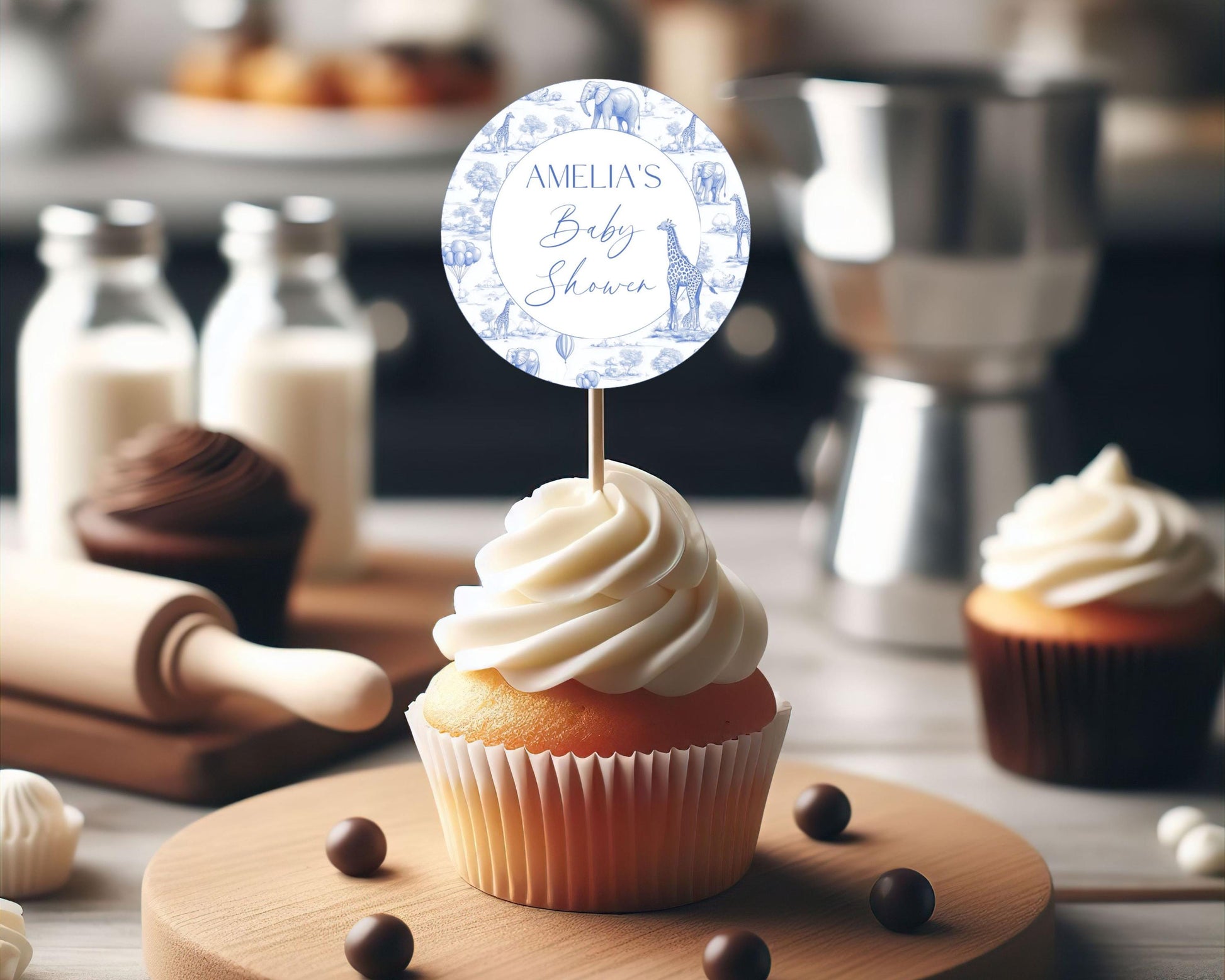 Blue Toile Baby Shower Cupcake Topper Printable Template Blue Toile Cake Dessert Decor Oh Boy Cupcake Editable Oh Boy Decoration Blue Shower - LAUMIANstudio