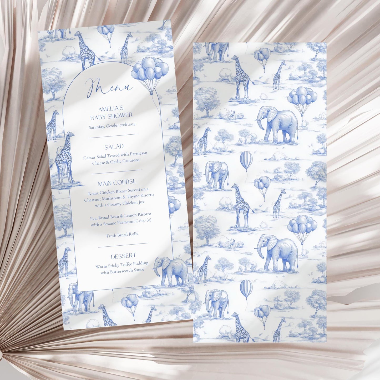 Blue Toile Baby Shower Menu Template Safari Baby Shower Brunch Menu Card Elegant Toile de Jouy Lunch Menu Printable Template Baby Shower - LAUMIANstudio