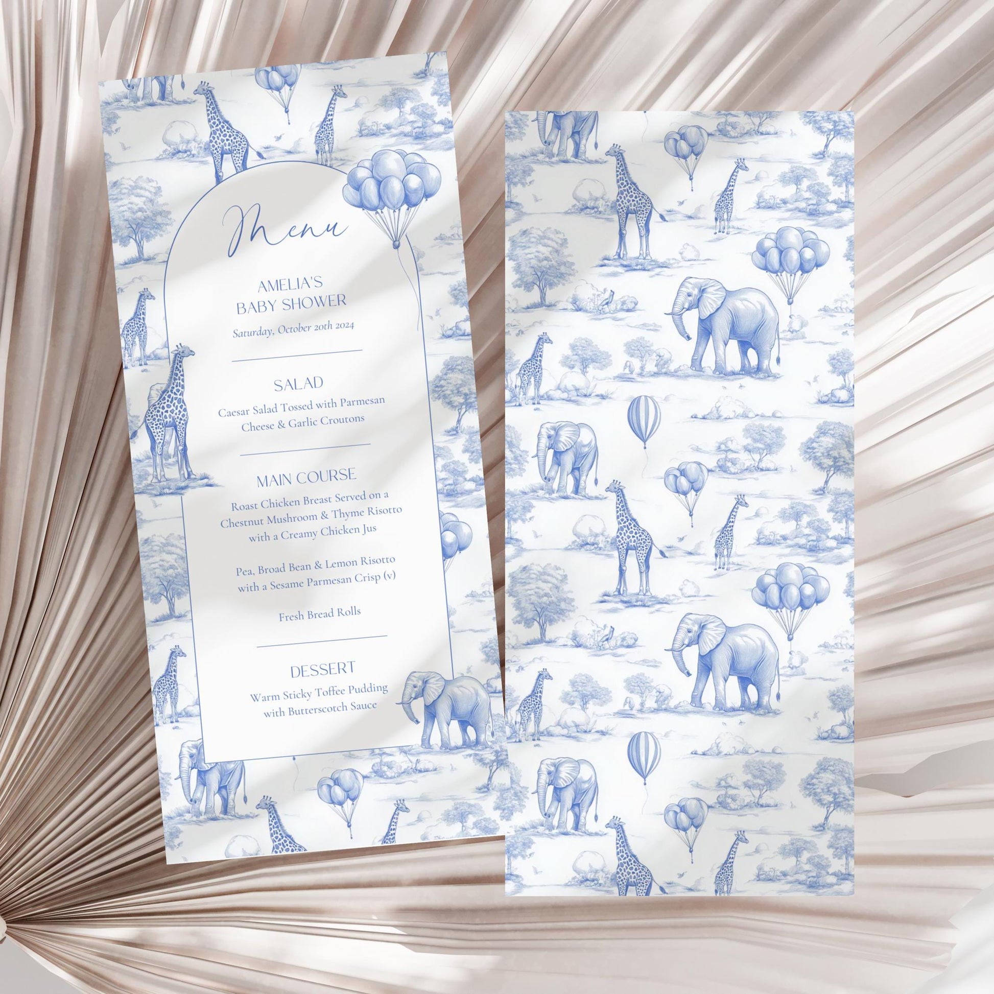 Blue Toile Baby Shower Menu Template Safari Baby Shower Brunch Menu Card Elegant Toile de Jouy Lunch Menu Printable Template Baby Shower - LAUMIANstudio