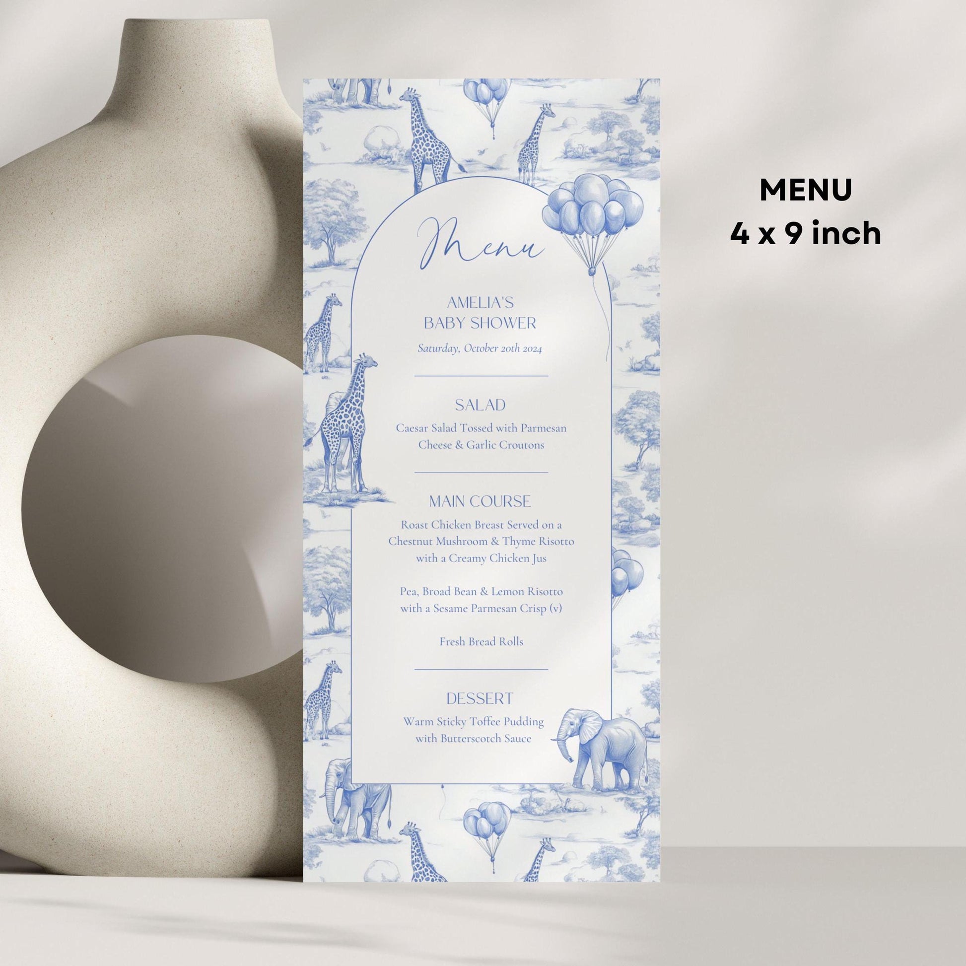 Blue Toile Baby Shower Menu Template Safari Baby Shower Brunch Menu Card Elegant Toile de Jouy Lunch Menu Printable Template Baby Shower - LAUMIANstudio