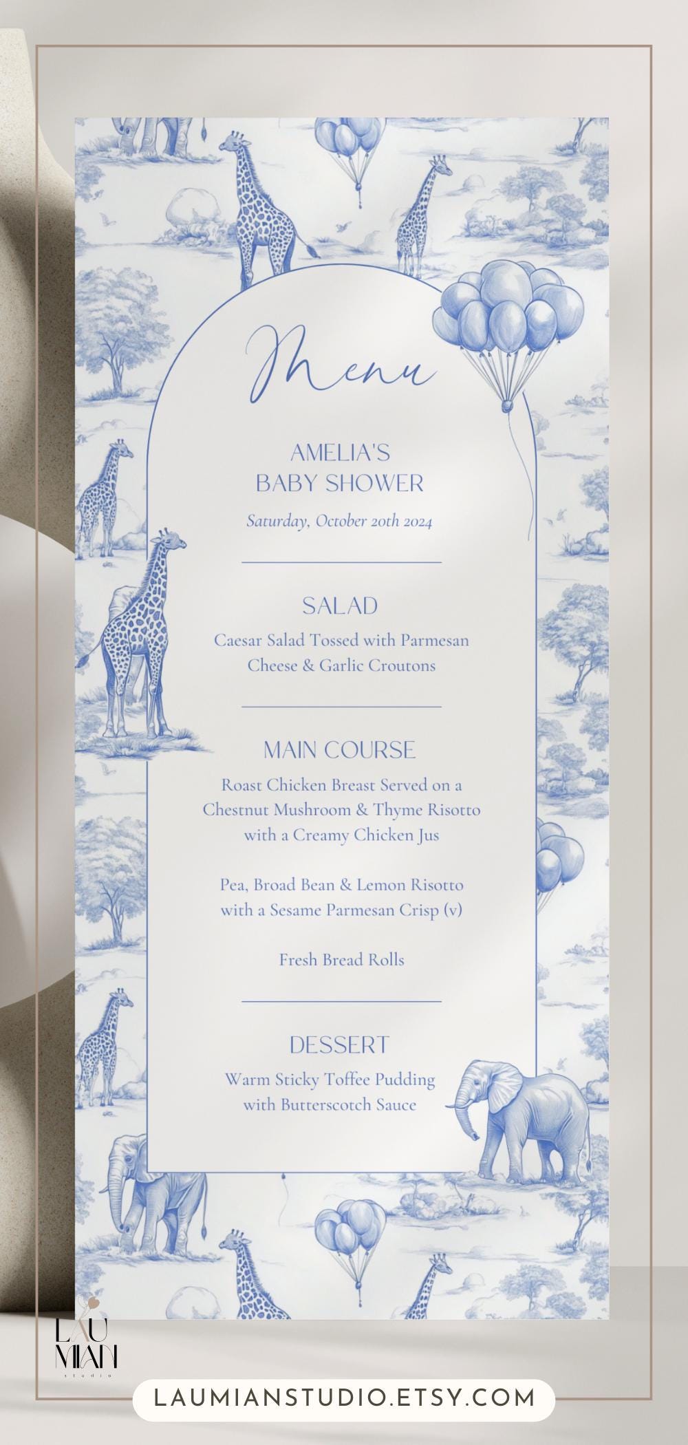 Chinoiserie Editable Baby Shower Menu Card 4x9 Toile Blue Boy Shower Menu Template Elegant Toile de Jouy Menu Hot Air Balloon Baby Shower - LAUMIANstudio