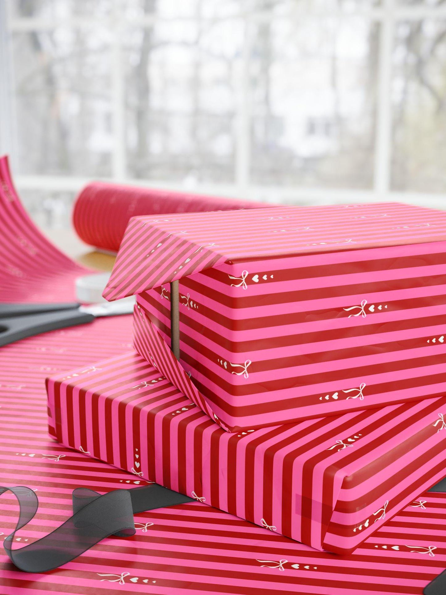 Red Pink Stripes Wrapping Paper: Hearts, Love, Birthday, Anniversary, Valentine's Day, Christmas - LAUMIANstudio
