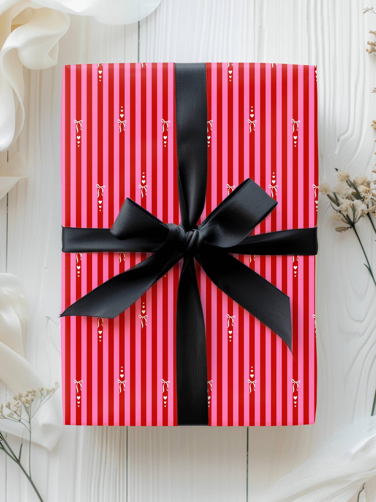 Red Pink Stripes Wrapping Paper: Hearts, Love, Birthday, Anniversary, Valentine's Day, Christmas - LAUMIANstudio