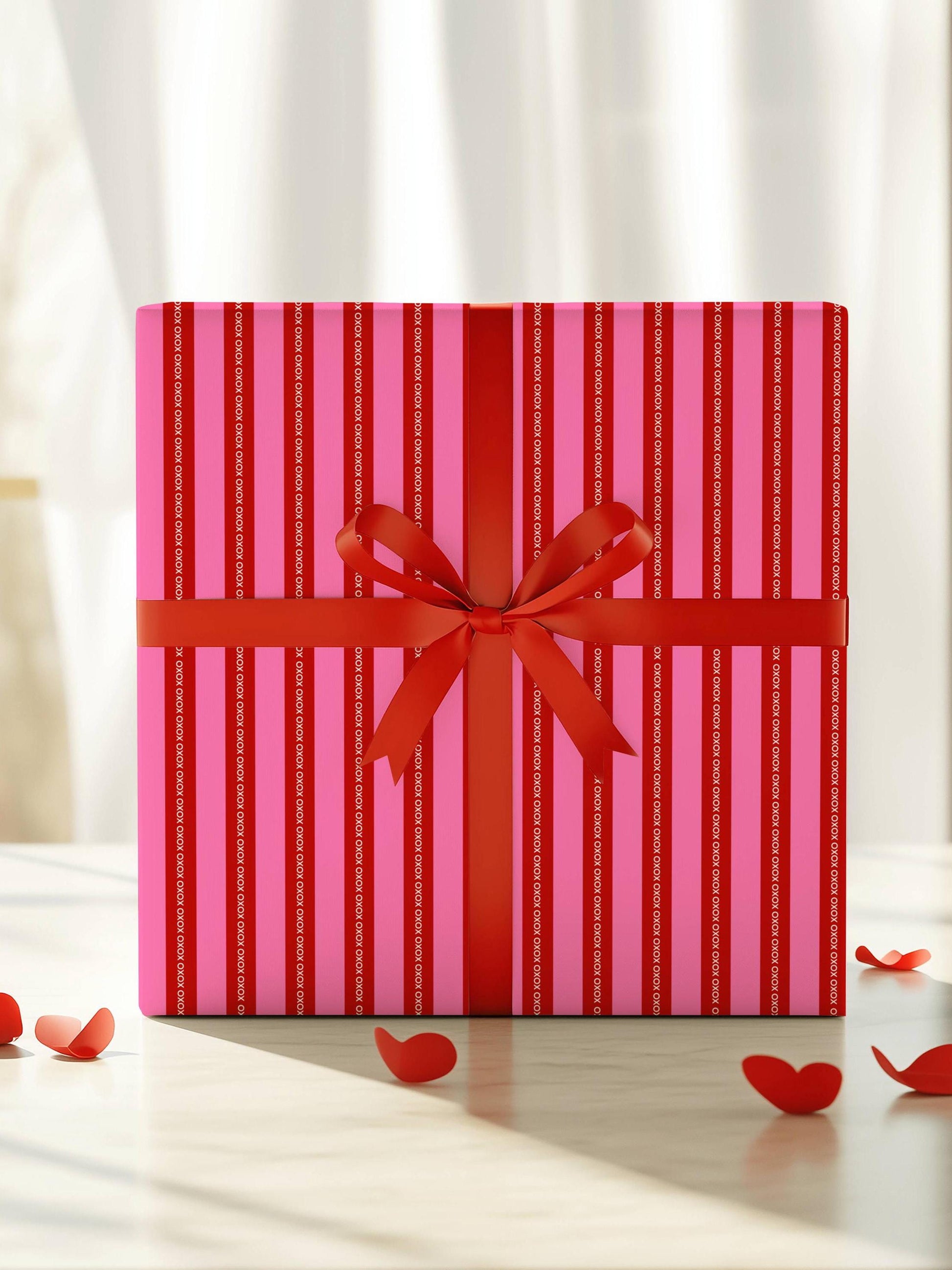 Red Pink Striped Gift Wrap Love XOXO Wrapping Paper Modern Wedding Gift Wrap Anniversary Wrapping Paper Birthday Gift for Her - LAUMIANstudio