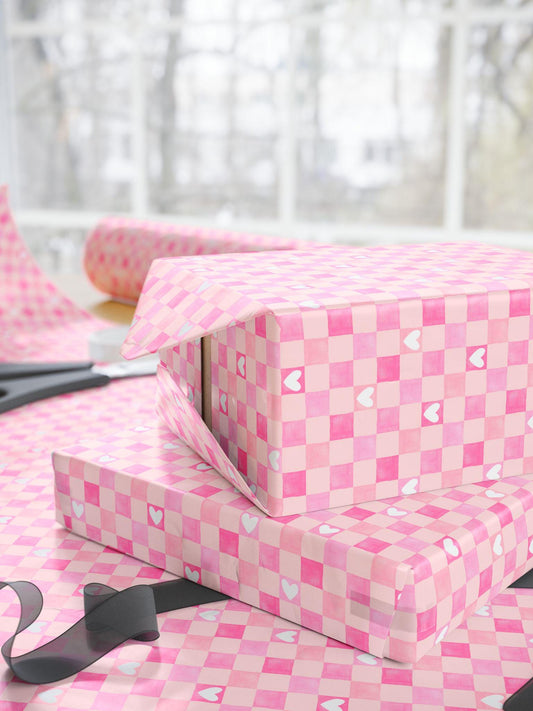 Pink Checkered Wrapping Paper with Hearts Birthday Gift Wrap Valentine's Day Gift Wrapping Paper Roll for Her - LAUMIANstudio