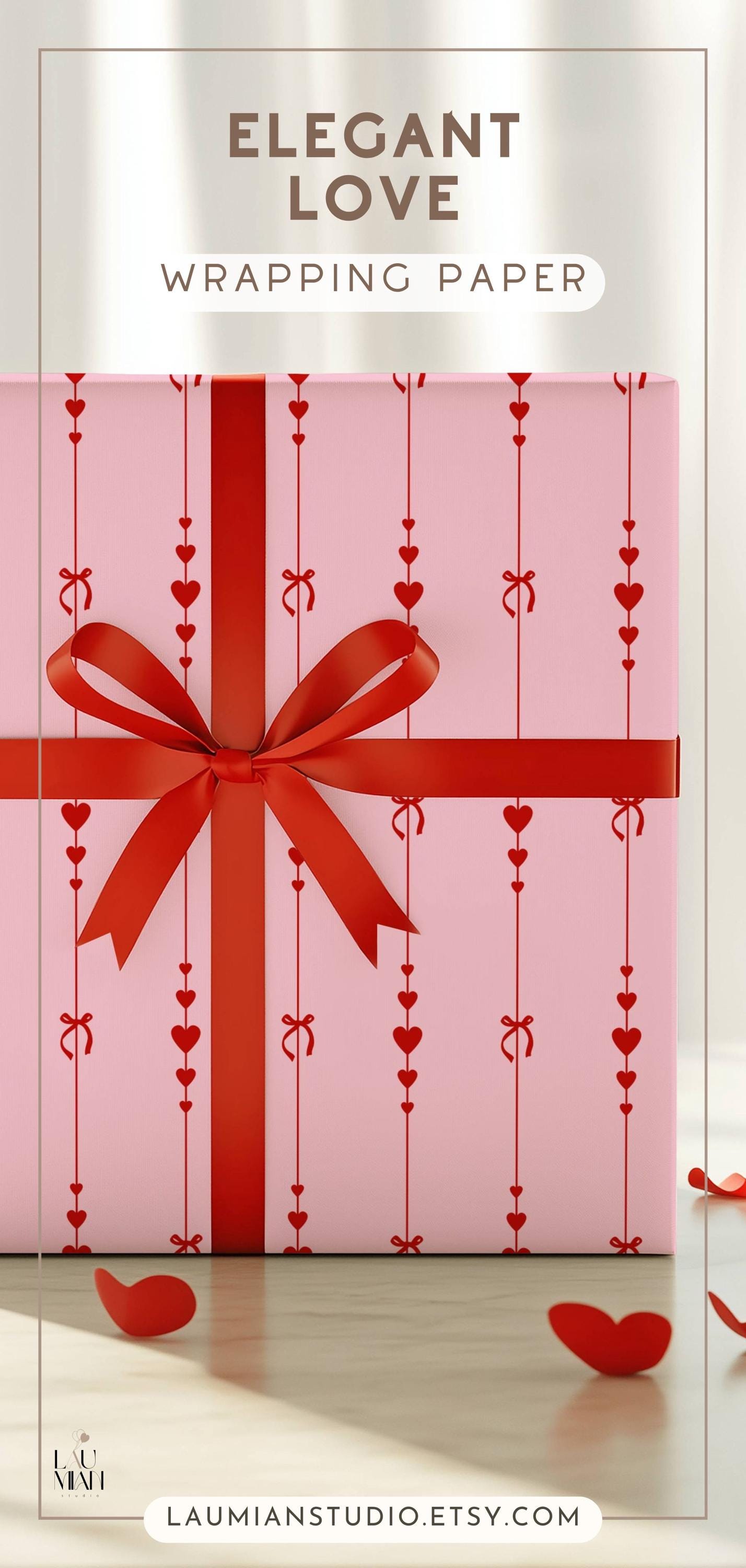 Pink Bow and Hearts Wrapping Paper: Glossy or Matte Finish, Love Gift Wrap Roll, Valentines Day, Girl Birthday Gift - LAUMIANstudio