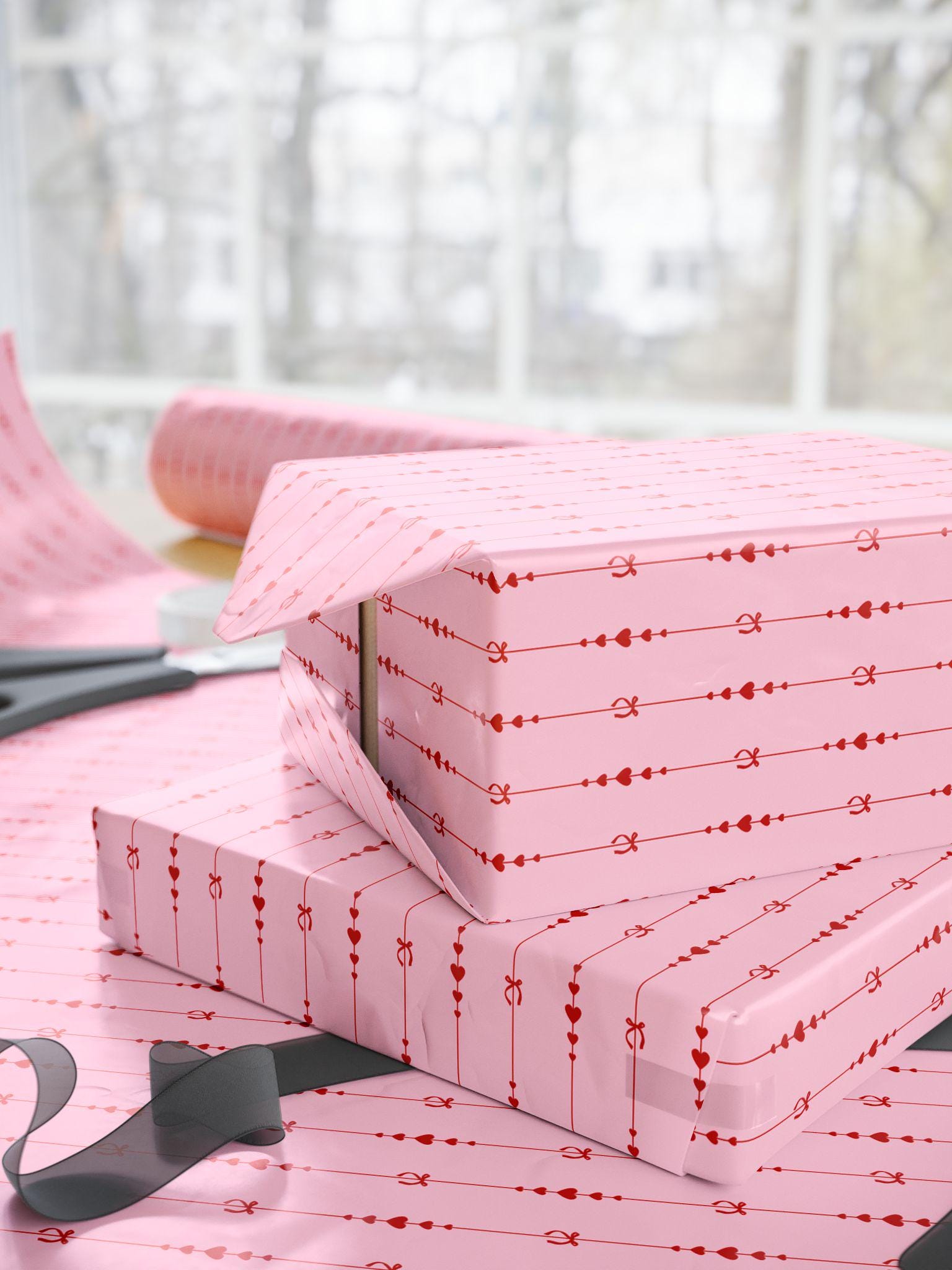 Pink Bow and Hearts Wrapping Paper: Glossy or Matte Finish, Love Gift Wrap Roll, Valentines Day, Girl Birthday Gift - LAUMIANstudio
