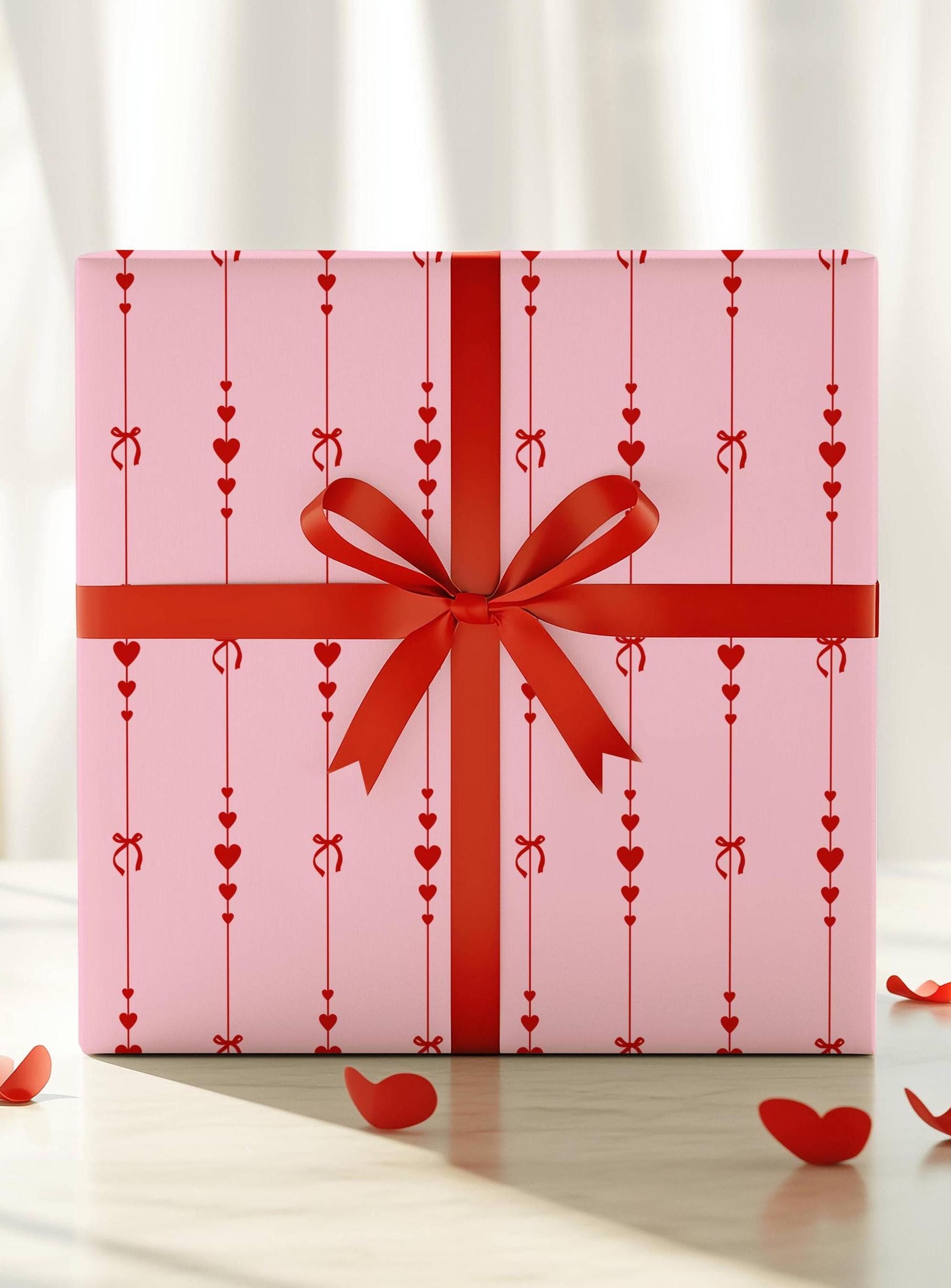Pink Bow and Hearts Wrapping Paper: Glossy or Matte Finish, Love Gift Wrap Roll, Valentines Day, Girl Birthday Gift - LAUMIANstudio