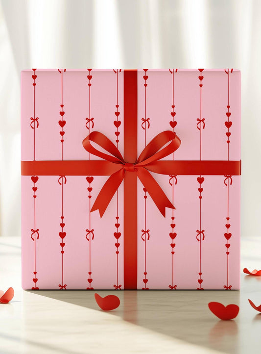 Pink Bow and Hearts Wrapping Paper: Glossy or Matte Finish, Love Gift Wrap Roll, Valentines Day, Girl Birthday Gift - LAUMIANstudio