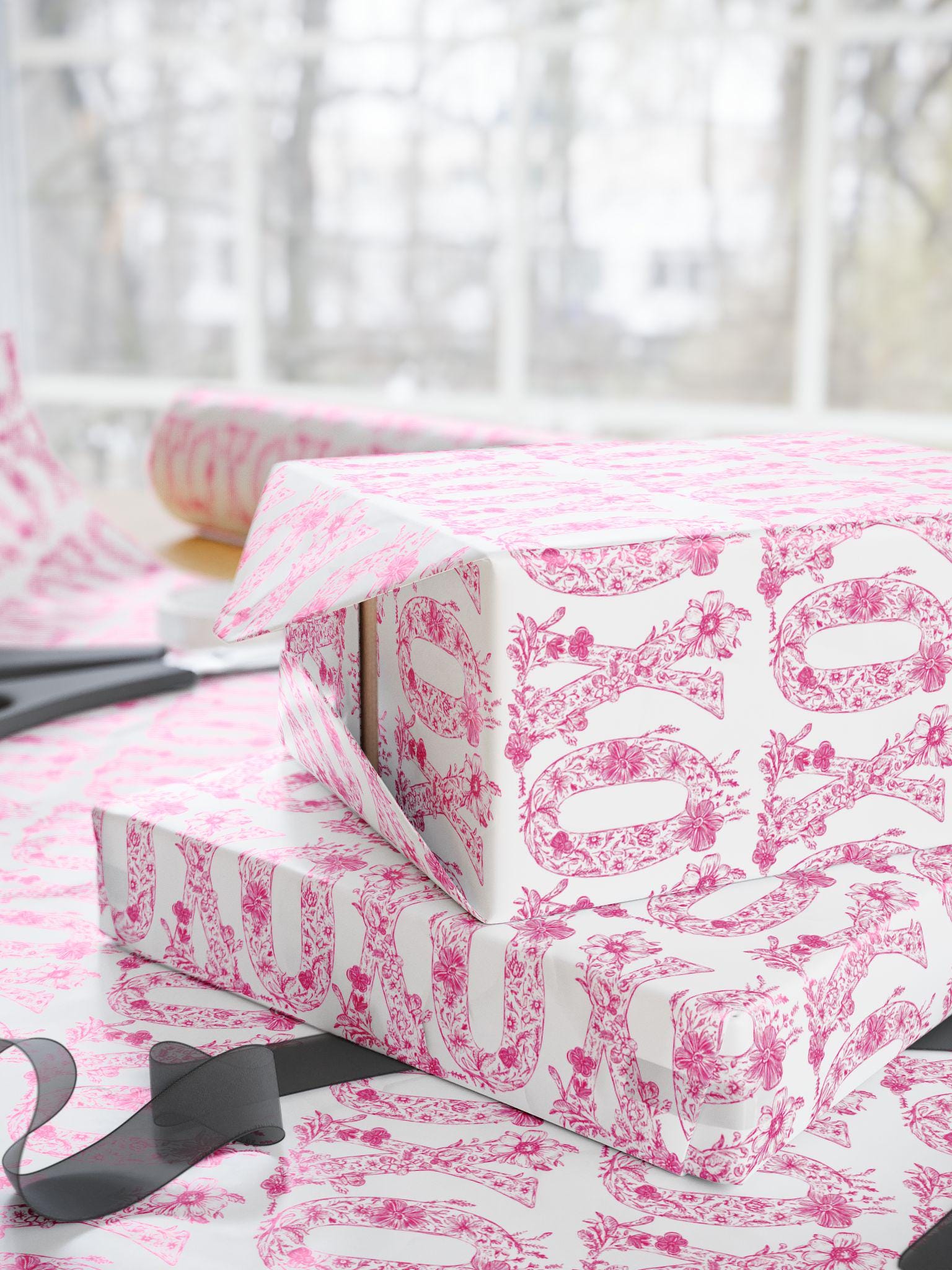 XOXO Wrapping Paper Pink Toile Gift Wrap Spring Wedding Gift Wrap Floral Wrapping Paper Girlfriend Birthday Gift Wrapping Valentines Day - LAUMIANstudio