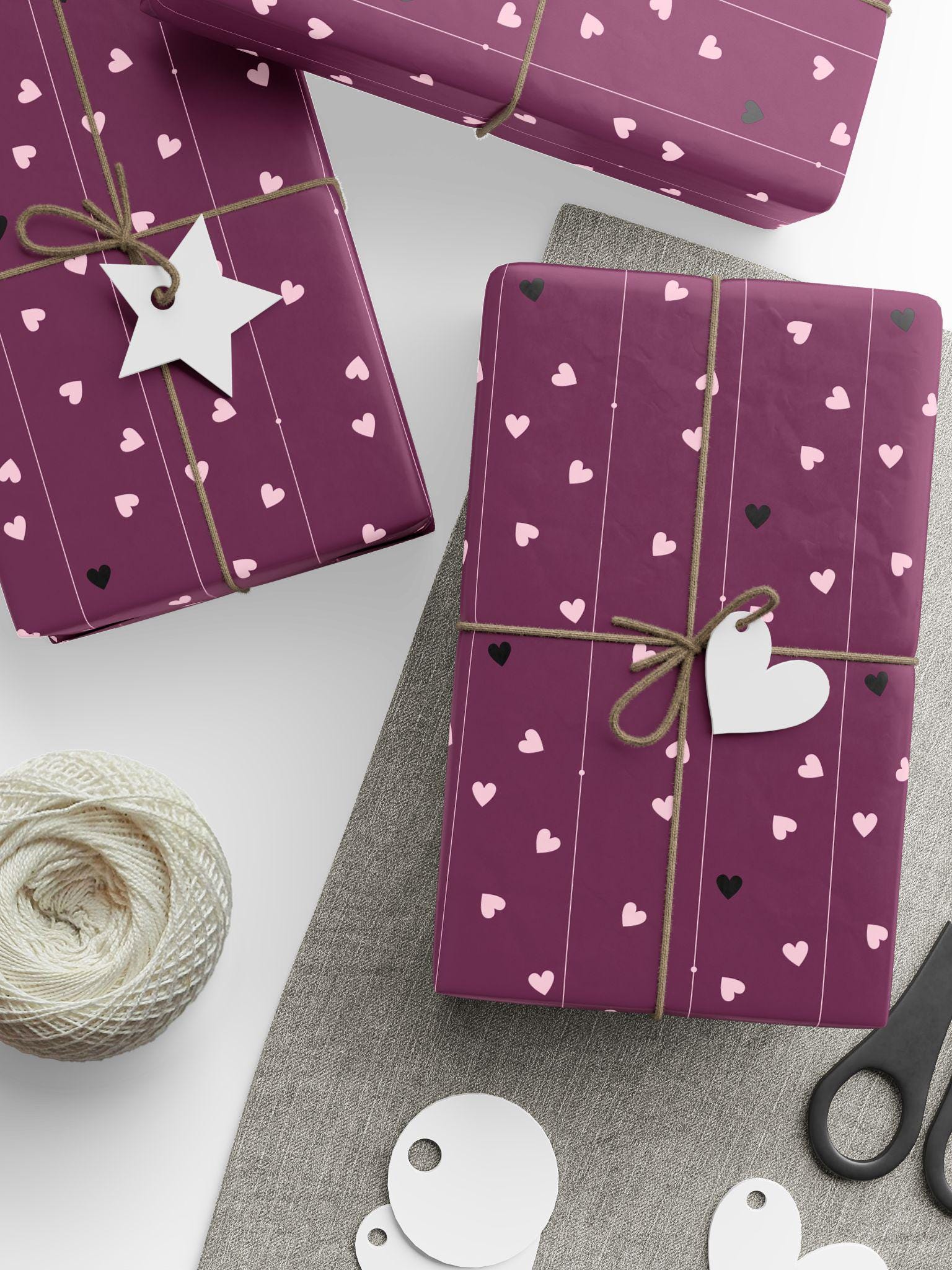 Dark Purple Wrapping Paper with Hearts: Birthday Gift Wrap, Valentine's Day Paper - LAUMIANstudio