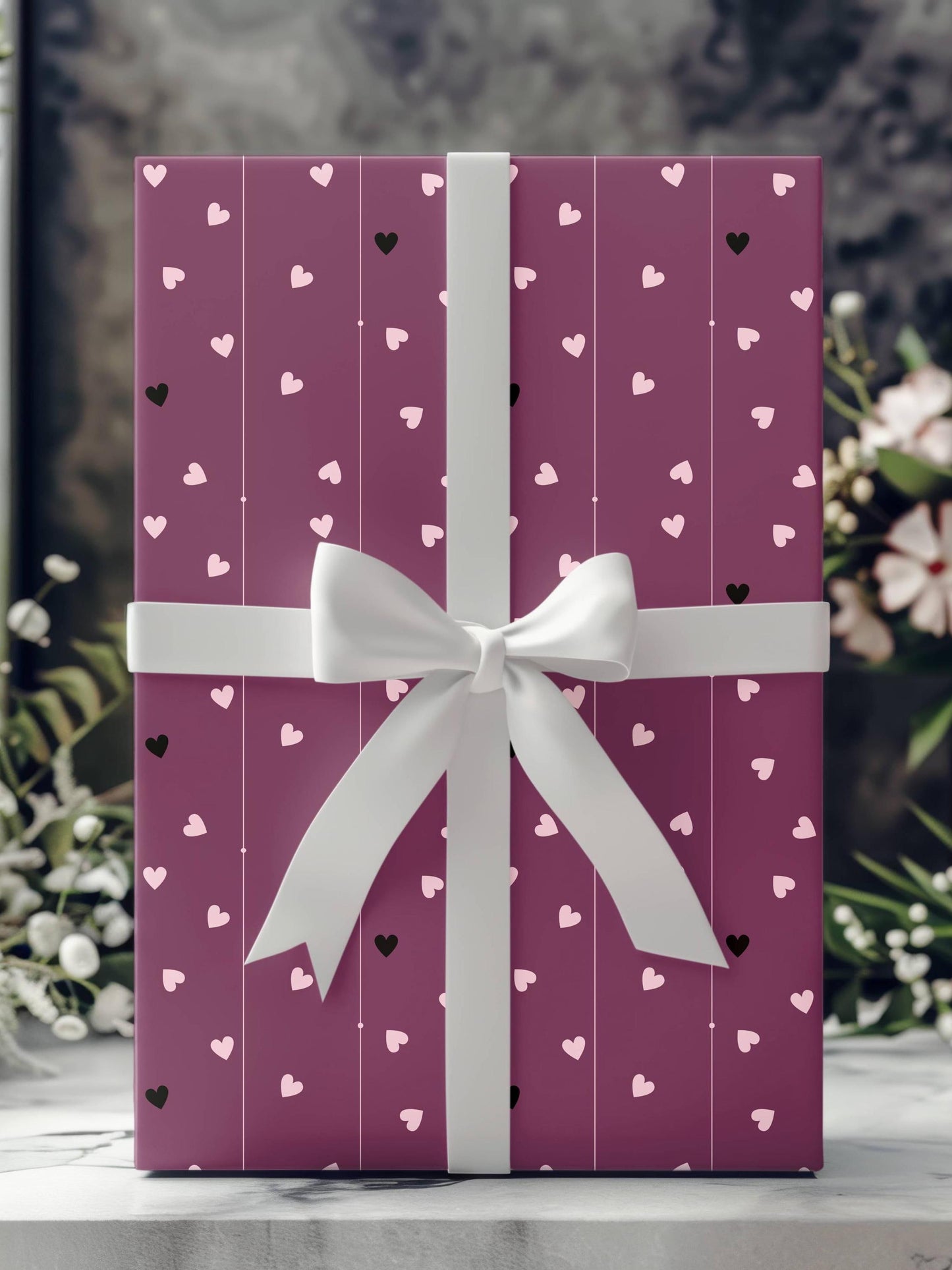 Dark Purple Wrapping Paper with Hearts: Birthday Gift Wrap, Valentine's Day Paper - LAUMIANstudio