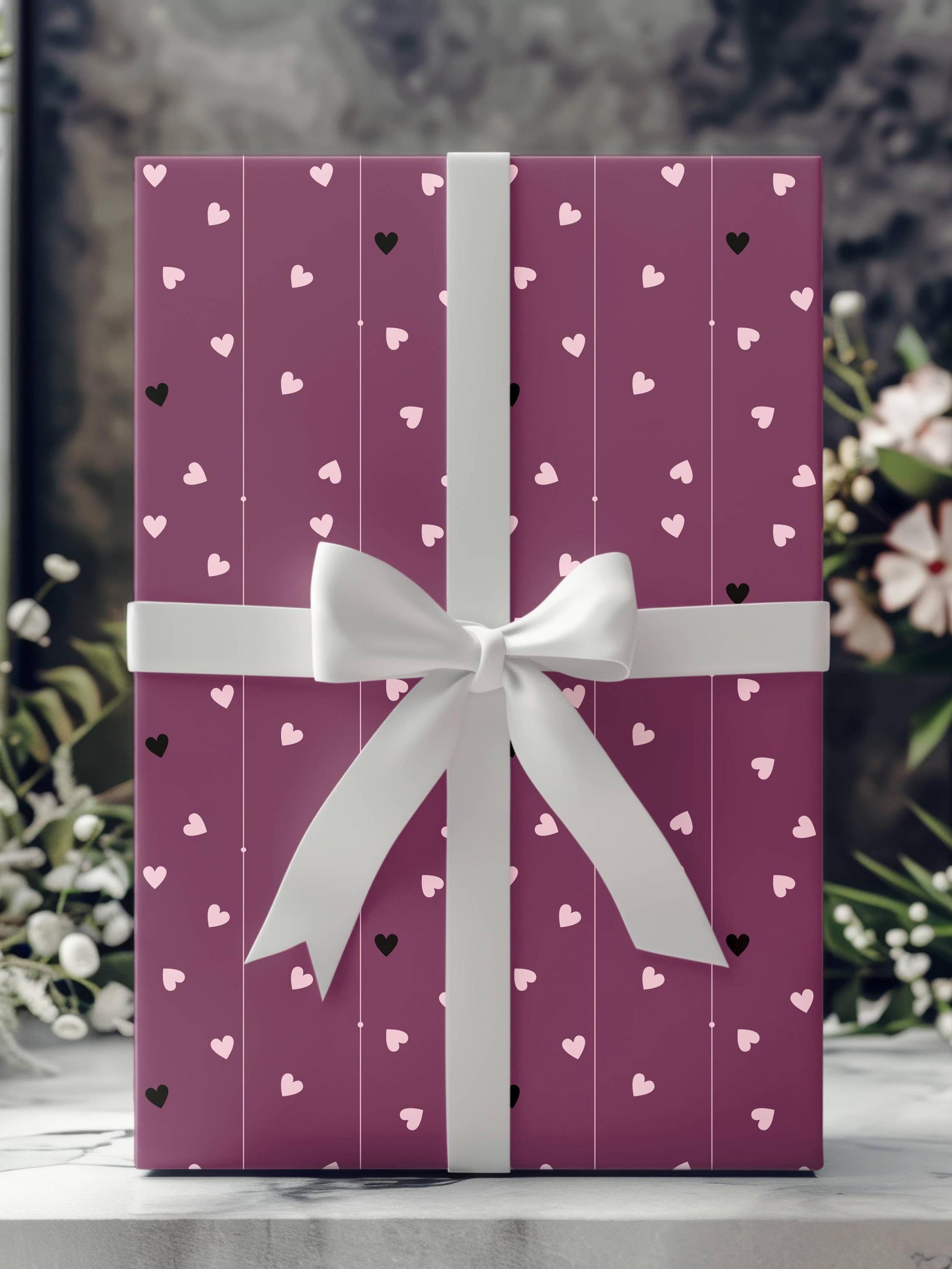 Dark Purple Wrapping Paper with Hearts: Birthday Gift Wrap, Valentine's Day Paper - LAUMIANstudio
