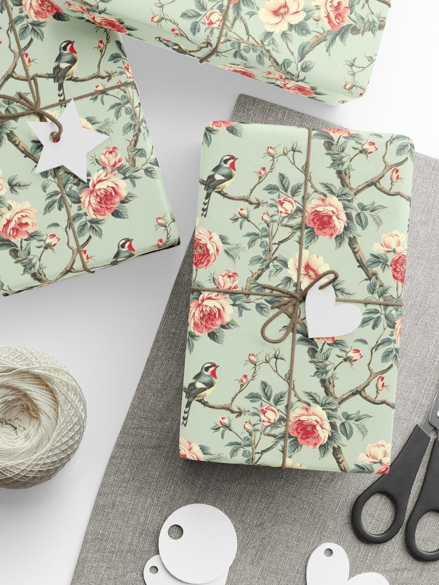 Floral Wrapping Paper Roll with Bird Gift Wrap: Sage Green, Flowers, Birthday, Wedding - LAUMIANstudio