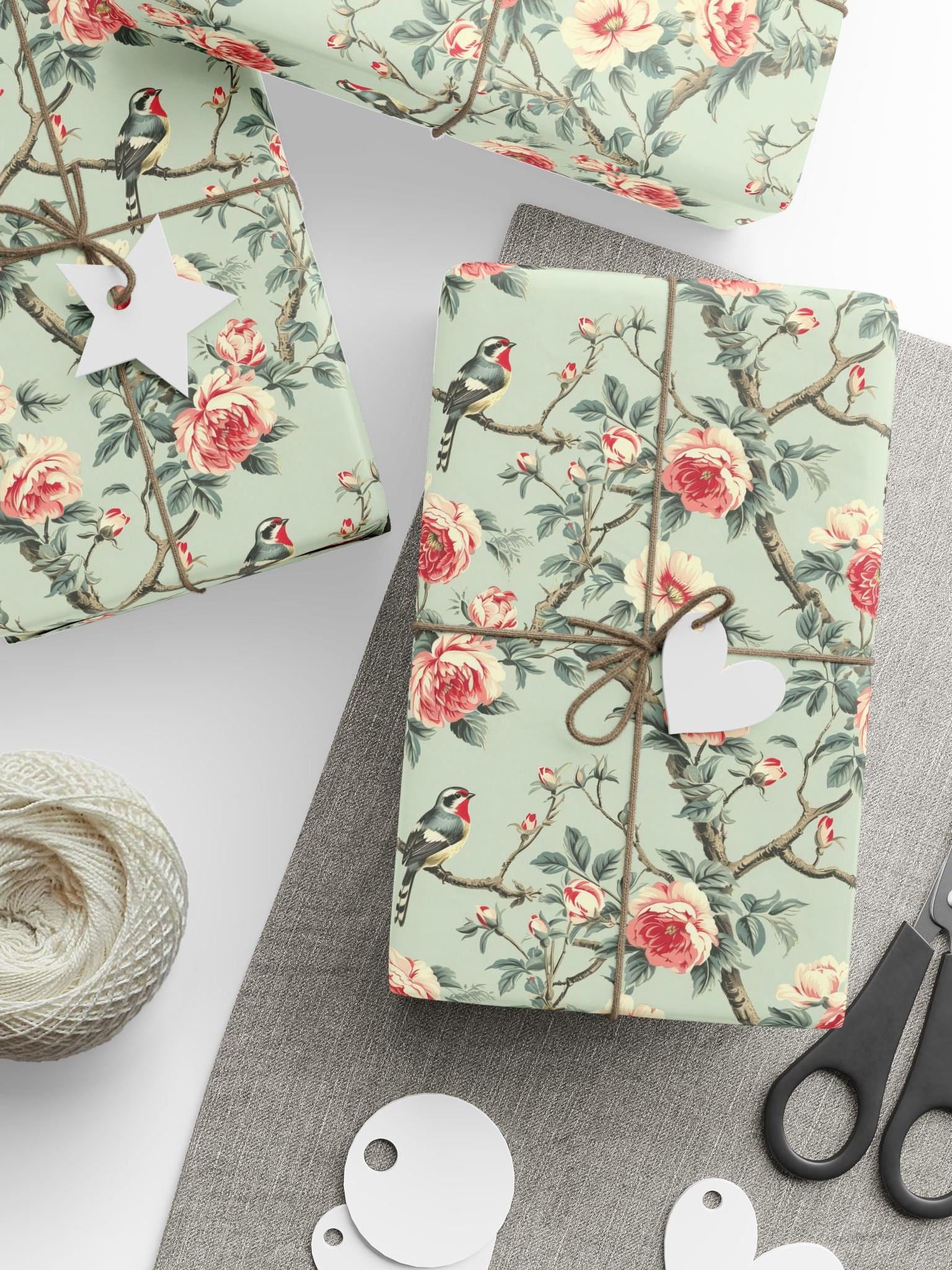 Floral Wrapping Paper Roll with Bird Gift Wrap: Sage Green, Flowers, Birthday, Wedding - LAUMIANstudio