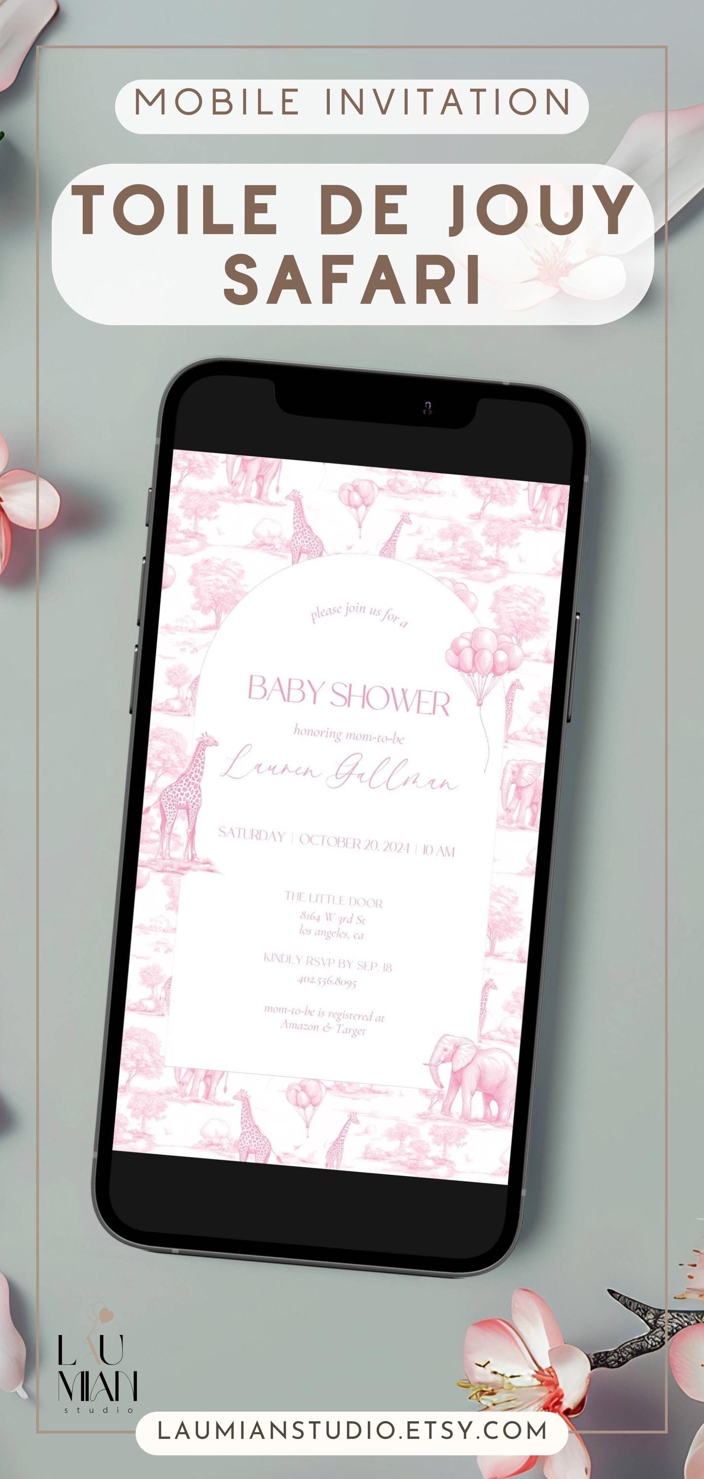 Pink Digital Baby Shower Invitation Template Baby Girl Luxury Blush Pink Mobile Invitation Pink Toile Safari Invite Baby Girl Shower Evite - LAUMIANstudio