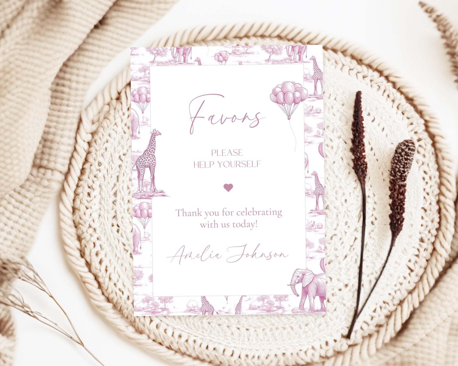 Pink Toile Baby Shower Table Sign Baby Girl Shower Party Favor Sign Safari Pink Baby Shower Gift and Card Sign 5x7 Template Table Board Pink - LAUMIANstudio