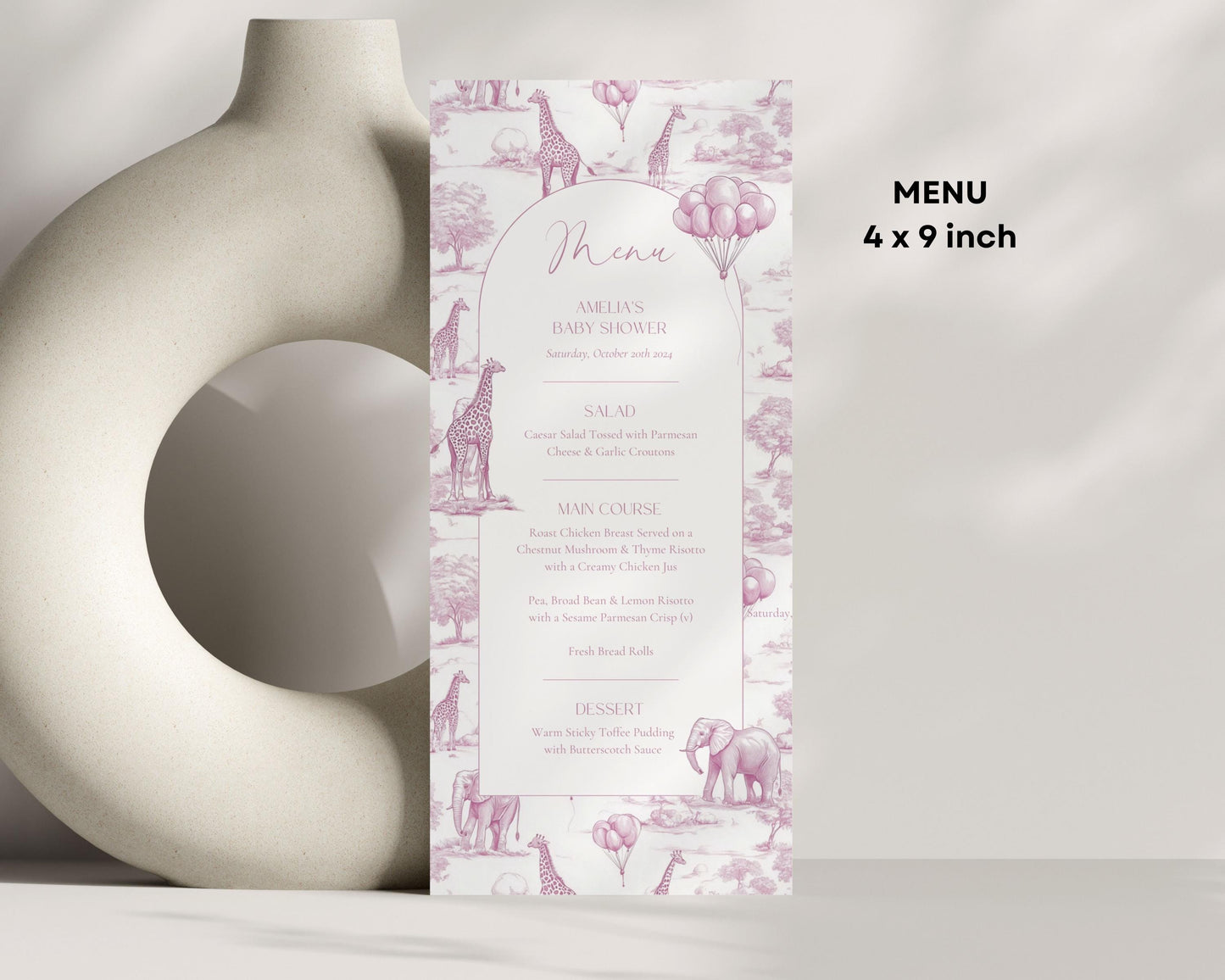 Pink Toile Baby Shower Menu Template Safari Baby Shower Brunch Menu Card Elegant Toile de Jouy Lunch Menu Printable Template Baby Shower - LAUMIANstudio