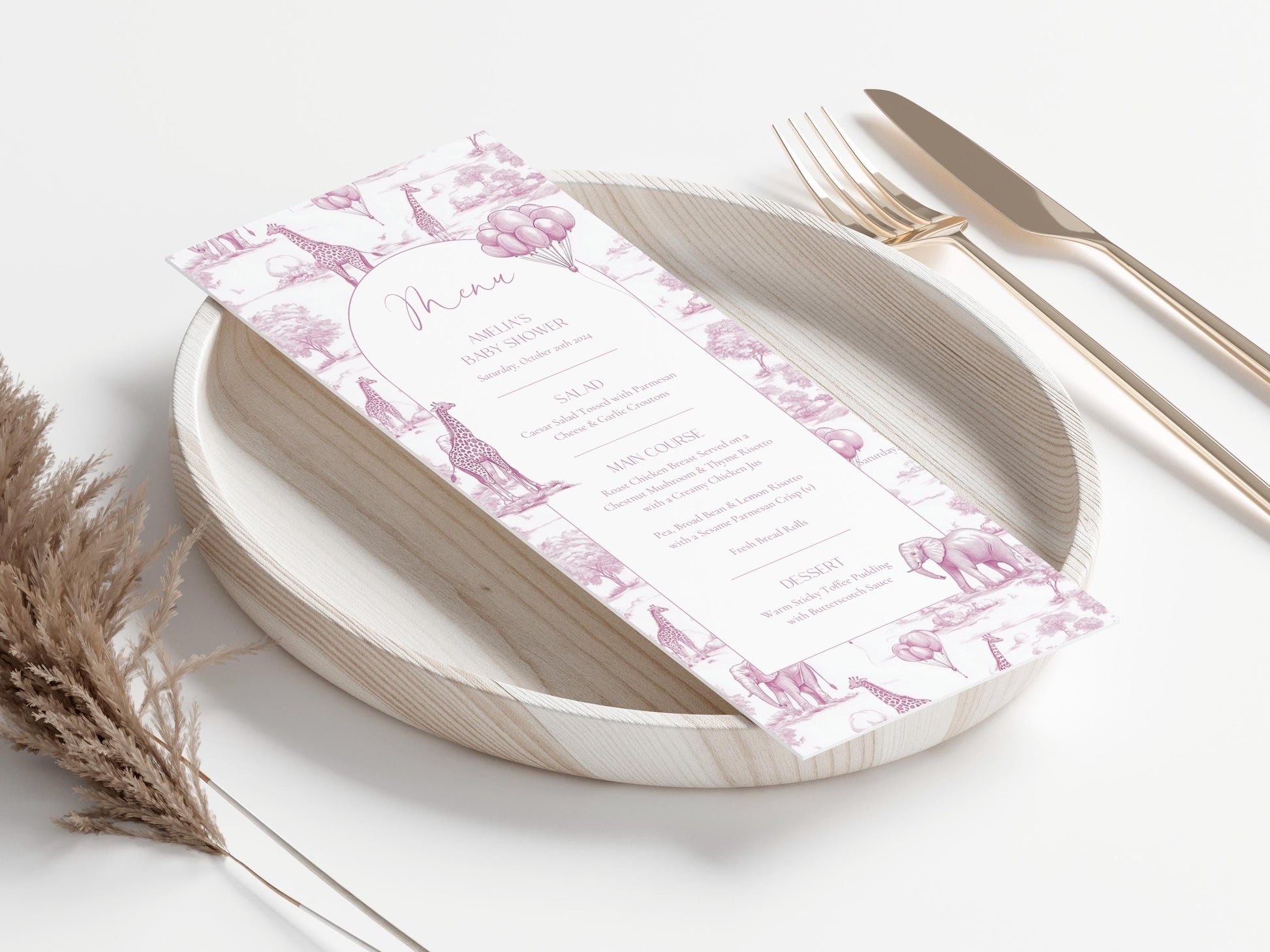 Pink Toile Baby Shower Menu Template Safari Baby Shower Brunch Menu Card Elegant Toile de Jouy Lunch Menu Printable Template Baby Shower - LAUMIANstudio
