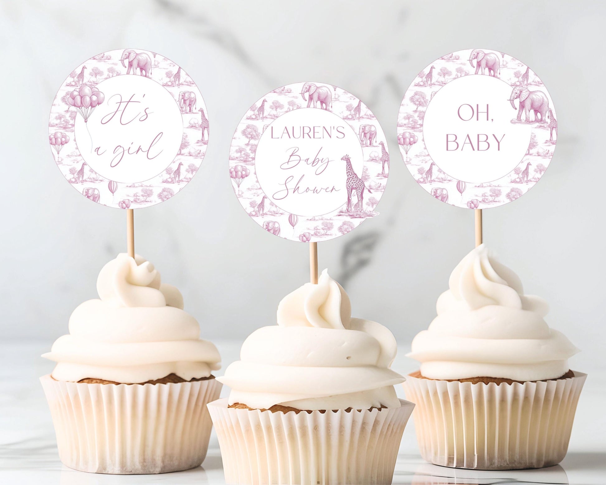 Pink Toile Baby Shower Cupcake Topper Printable Template Pink Toile Cake Dessert Decor Its a Girl Cupcake Editable Oh Baby Shower Decoration - LAUMIANstudio
