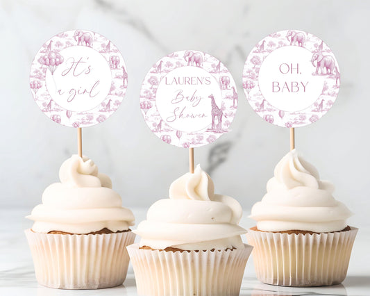 Pink Toile Baby Shower Cupcake Topper Printable Template Pink Toile Cake Dessert Decor Its a Girl Cupcake Editable Oh Baby Shower Decoration - LAUMIANstudio