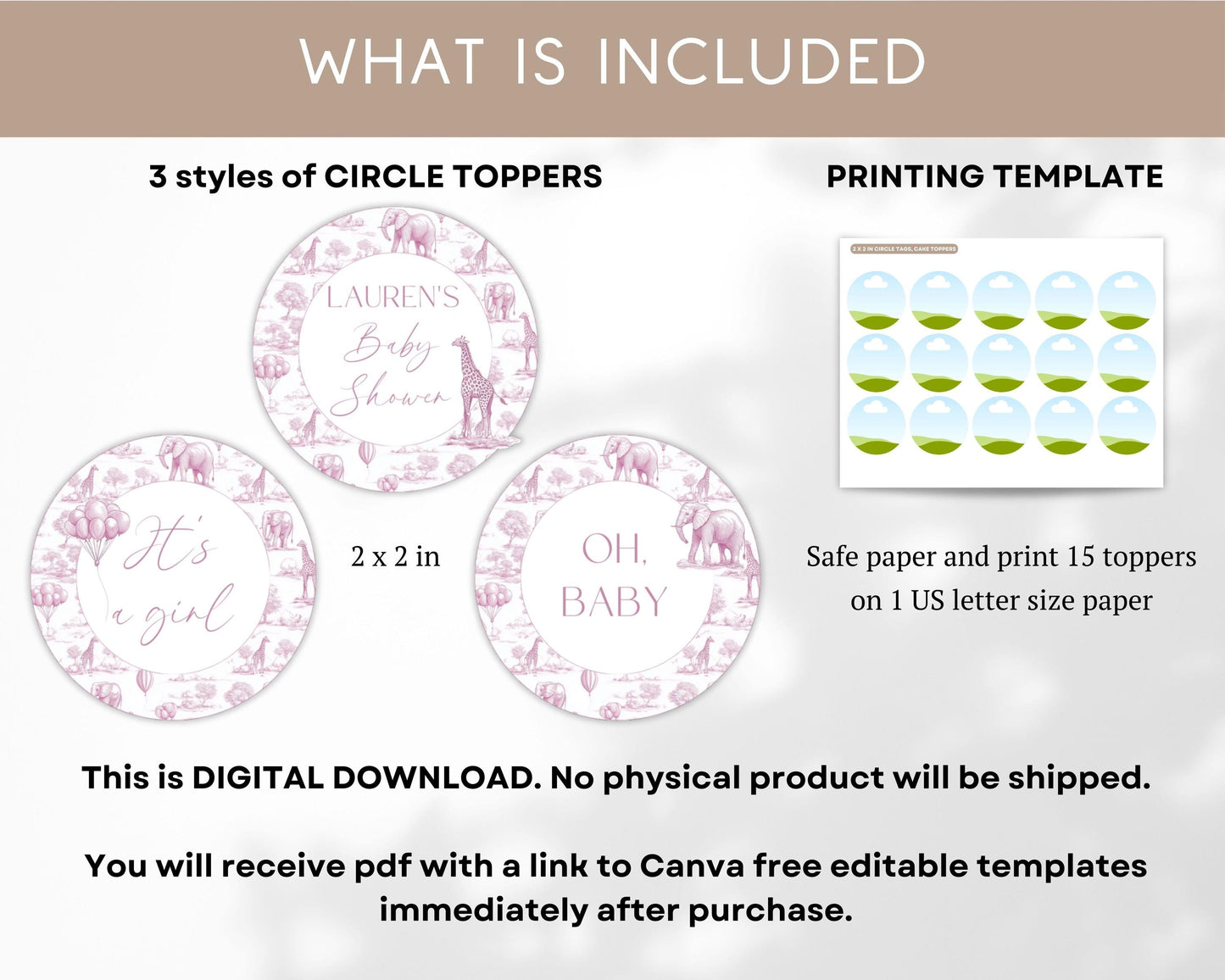 Pink Toile Baby Shower Cupcake Topper Printable Template Pink Toile Cake Dessert Decor Its a Girl Cupcake Editable Oh Baby Shower Decoration - LAUMIANstudio