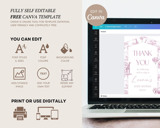 Baby Shower Favor Tag Printable Canva Template Pink Toile Baby Shower Favor Tag Circle Safari Baby Shower Thank You Label Minimalist Tag - LAUMIANstudio