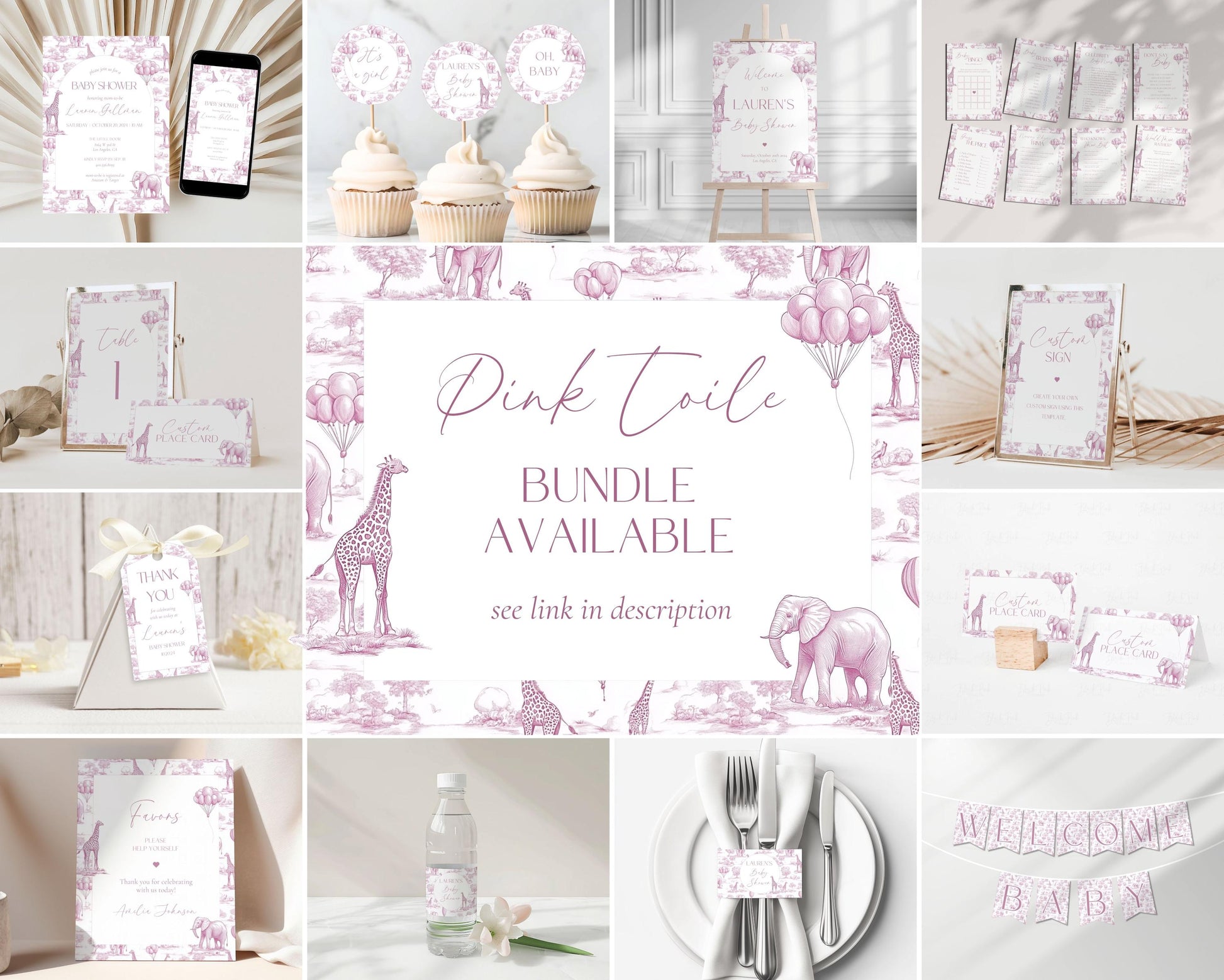 Baby Shower Favor Tag Printable Canva Template Pink Toile Baby Shower Favor Tag Circle Safari Baby Shower Thank You Label Minimalist Tag - LAUMIANstudio