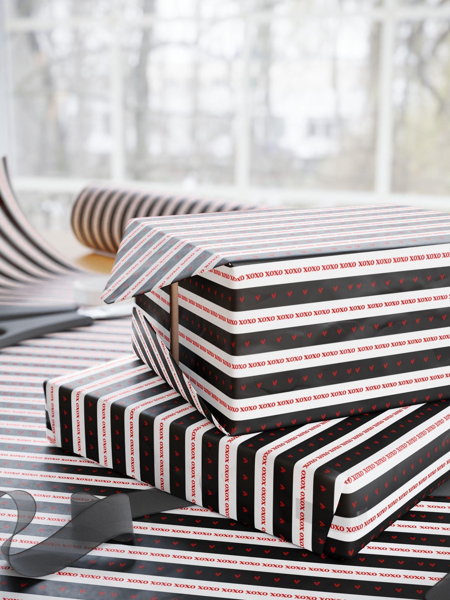 Black and White Striped Gift Wrap: Love Heart Wrapping Paper Roll for Valentines Day, Birthday, Anniversary, Christmas - LAUMIANstudio