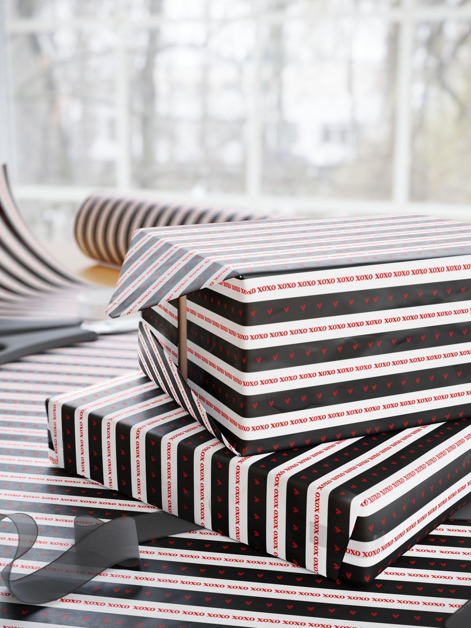 Black and White Striped Gift Wrap: Love Heart Wrapping Paper Roll for Valentines Day, Birthday, Anniversary, Christmas - LAUMIANstudio