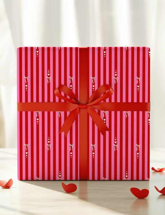Red Pink Stripes Wrapping Paper: Hearts, Love, Birthday, Anniversary, Valentine's Day, Christmas - LAUMIANstudio