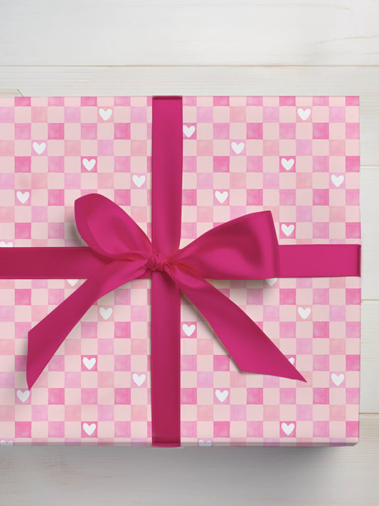 Pink Checkered Wrapping Paper with Hearts Birthday Gift Wrap Valentine's Day Gift Wrapping Paper Roll for Her - LAUMIANstudio
