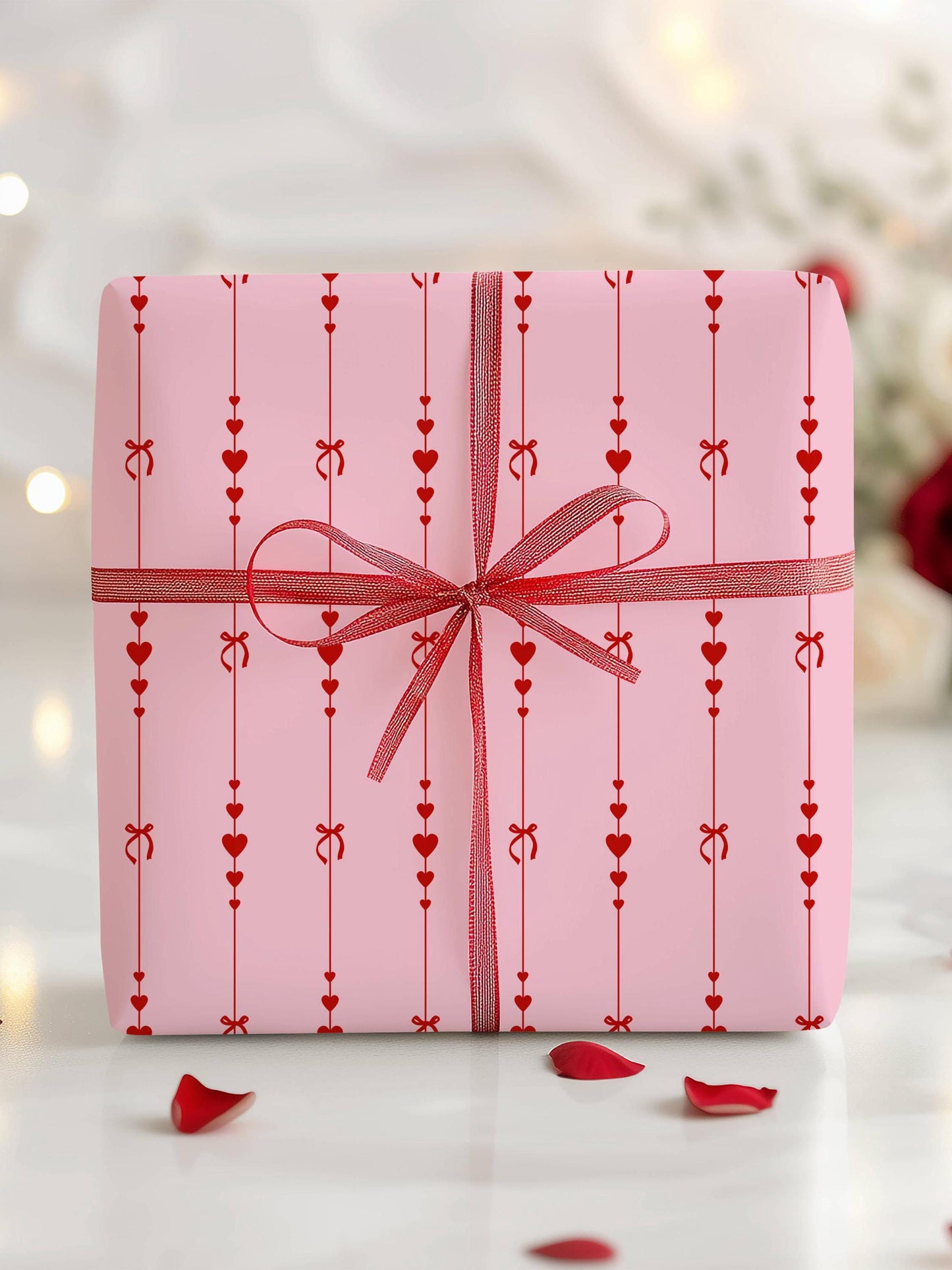 Pink Bow and Hearts Wrapping Paper: Glossy or Matte Finish, Love Gift Wrap Roll, Valentines Day, Girl Birthday Gift - LAUMIANstudio