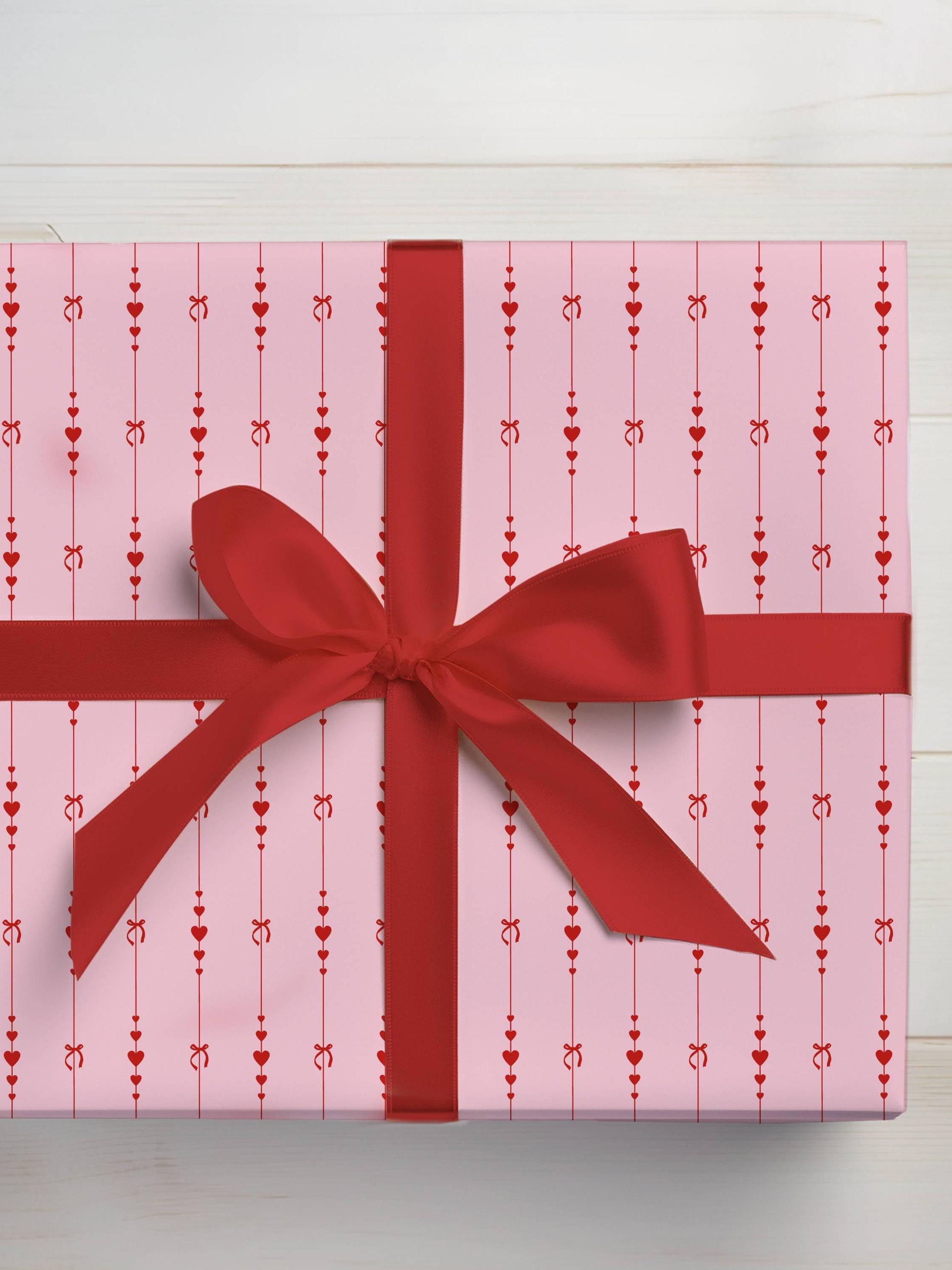 Pink Bow and Hearts Wrapping Paper: Glossy or Matte Finish, Love Gift Wrap Roll, Valentines Day, Girl Birthday Gift - LAUMIANstudio