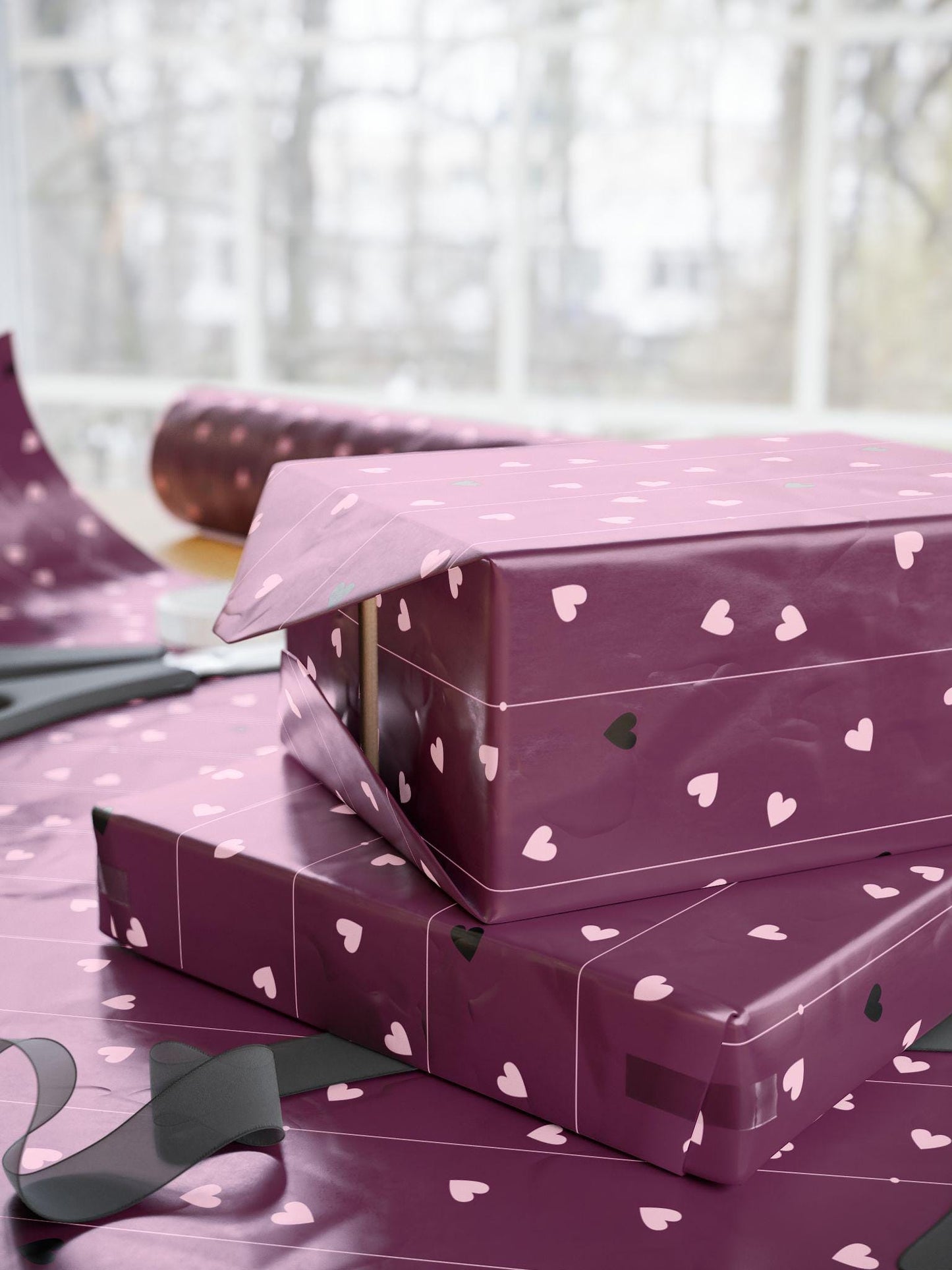 Dark Purple Wrapping Paper with Hearts: Birthday Gift Wrap, Valentine's Day Paper - LAUMIANstudio