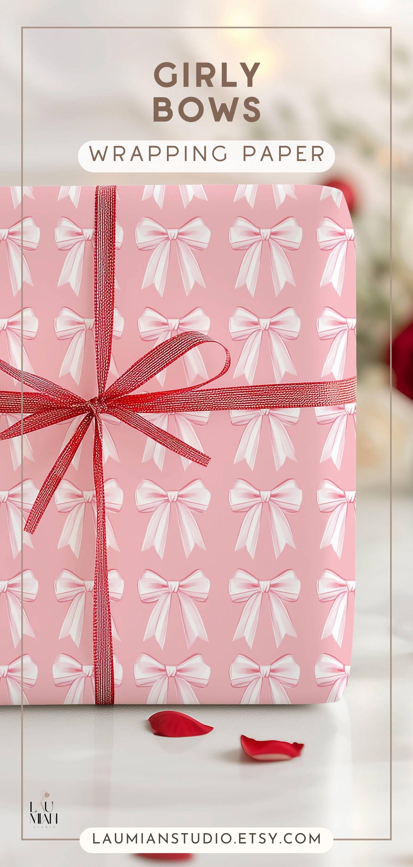 Pink Bow Girly Wrapping Paper Pink Christmas Gift Wrap: Glossy or Matte finish, 3 Roll Sizes - LAUMIANstudio