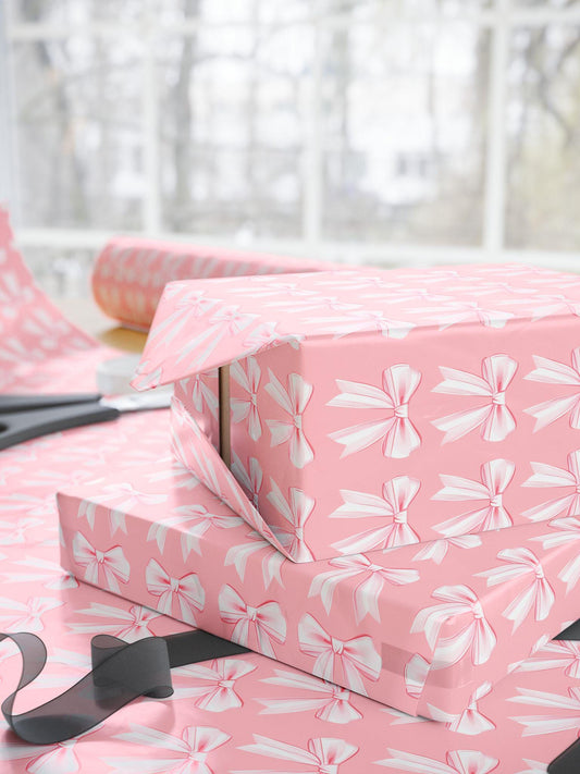 Pink Bow Girly Wrapping Paper Pink Christmas Gift Wrap: Glossy or Matte finish, 3 Roll Sizes - LAUMIANstudio