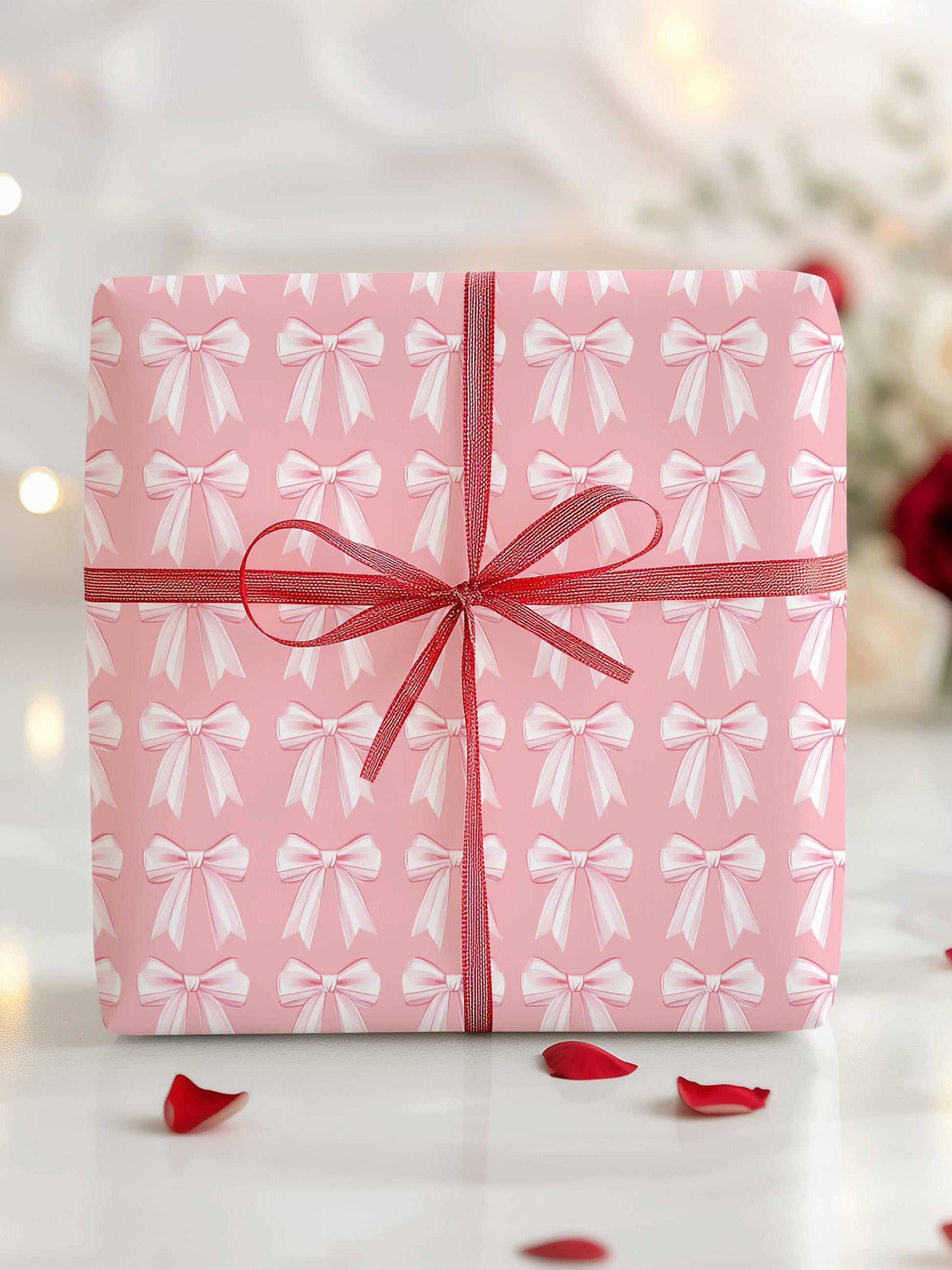 Pink Bow Girly Wrapping Paper Pink Christmas Gift Wrap: Glossy or Matte finish, 3 Roll Sizes - LAUMIANstudio
