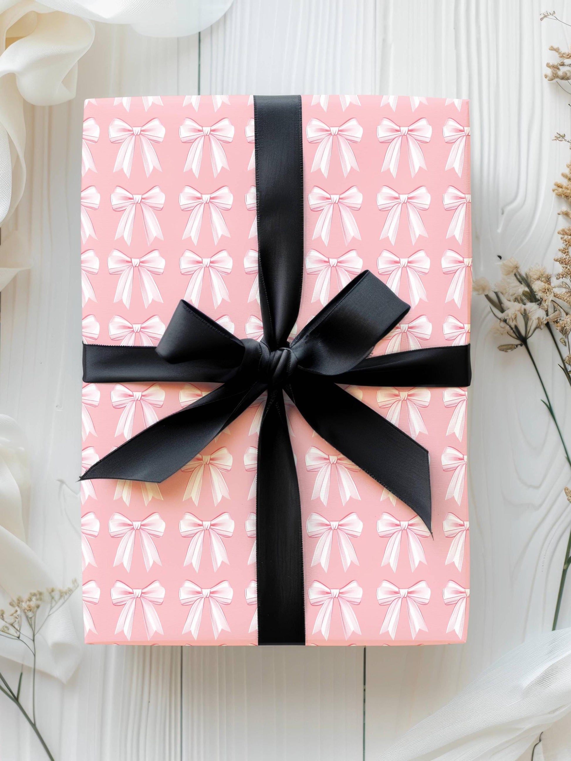 Pink Bow Girly Wrapping Paper Pink Christmas Gift Wrap: Glossy or Matte finish, 3 Roll Sizes - LAUMIANstudio