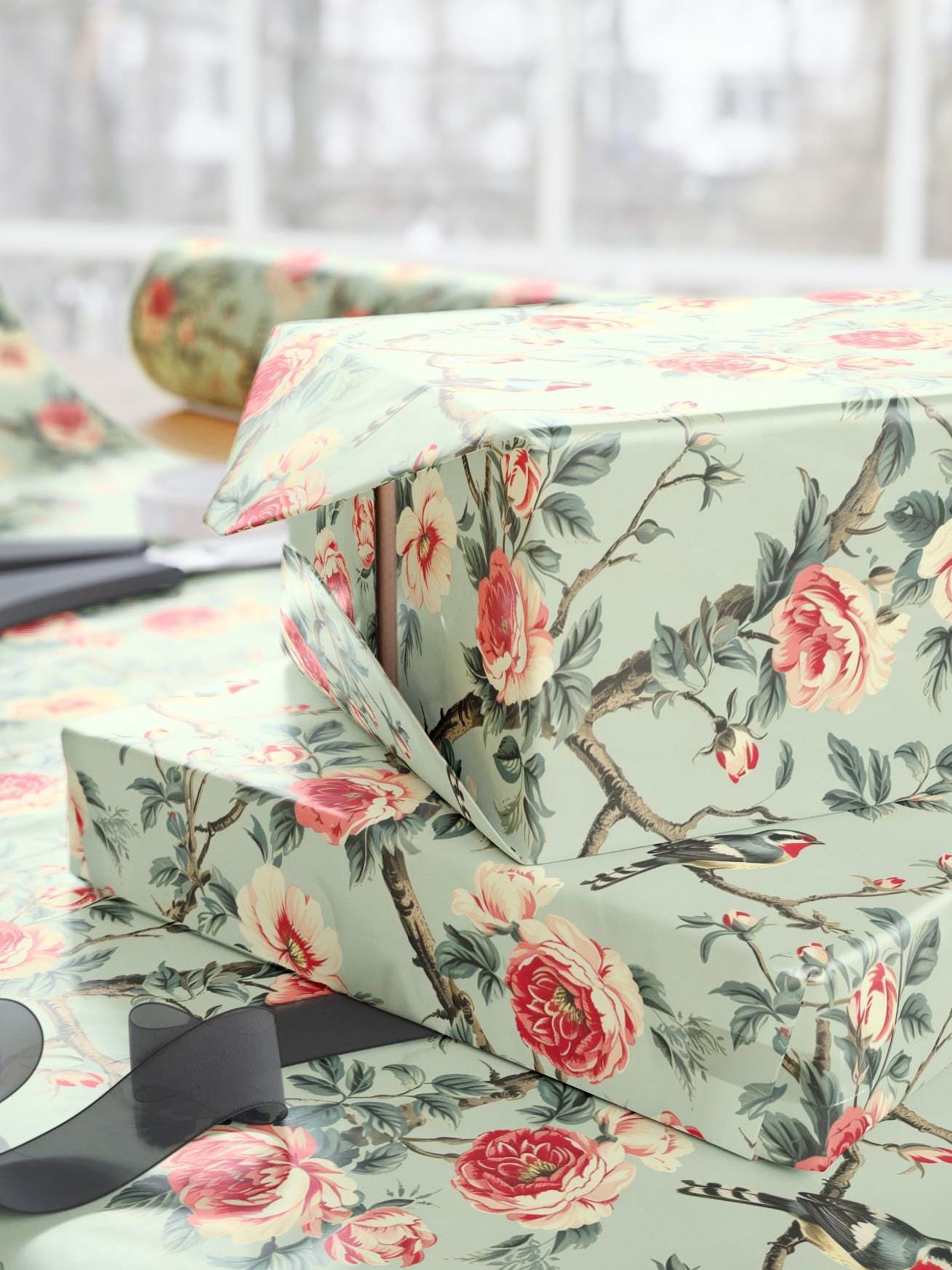 Floral Wrapping Paper Roll with Bird Gift Wrap: Sage Green, Flowers, Birthday, Wedding - LAUMIANstudio