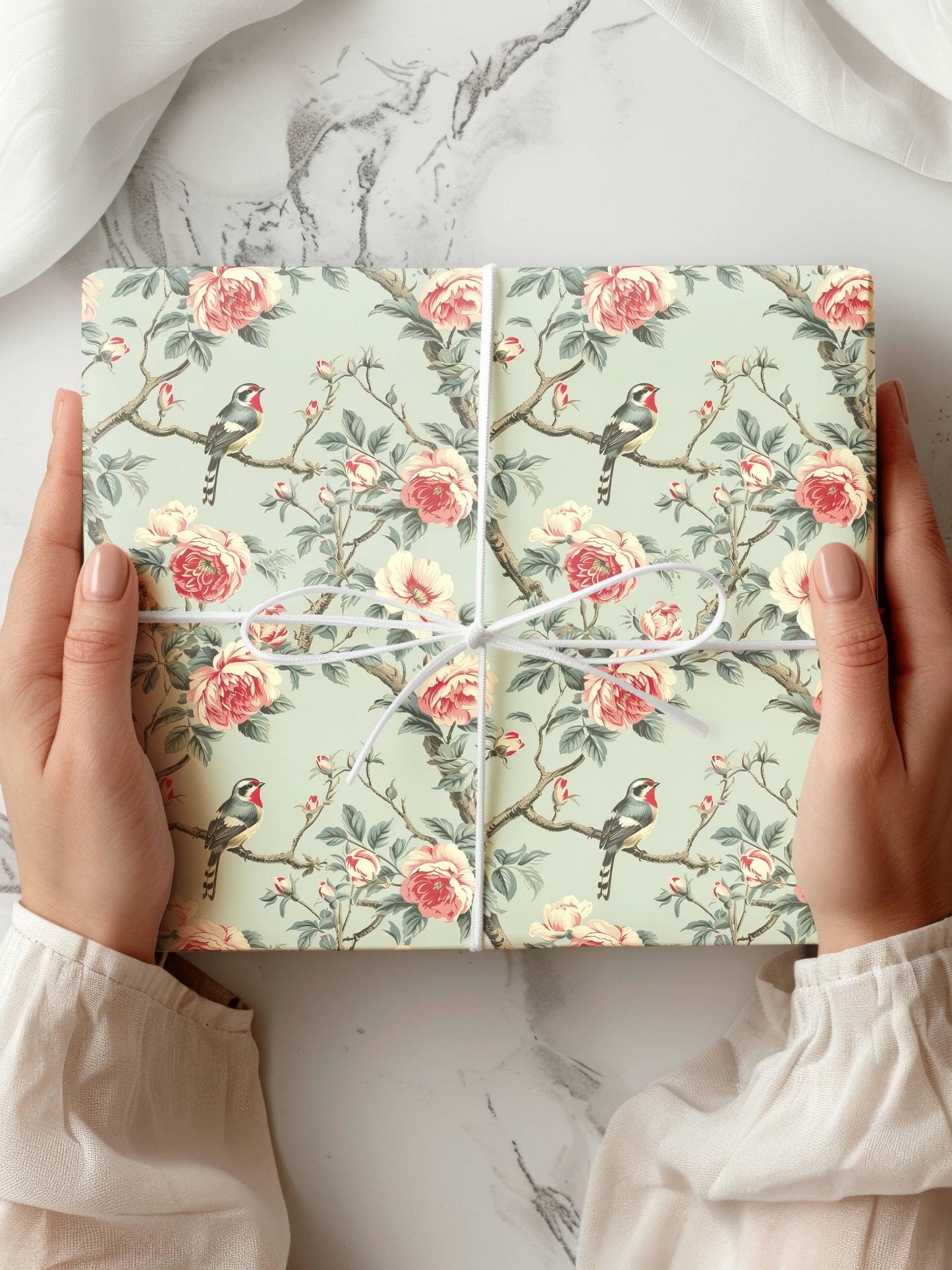 Floral Wrapping Paper Roll with Bird Gift Wrap: Sage Green, Flowers, Birthday, Wedding - LAUMIANstudio